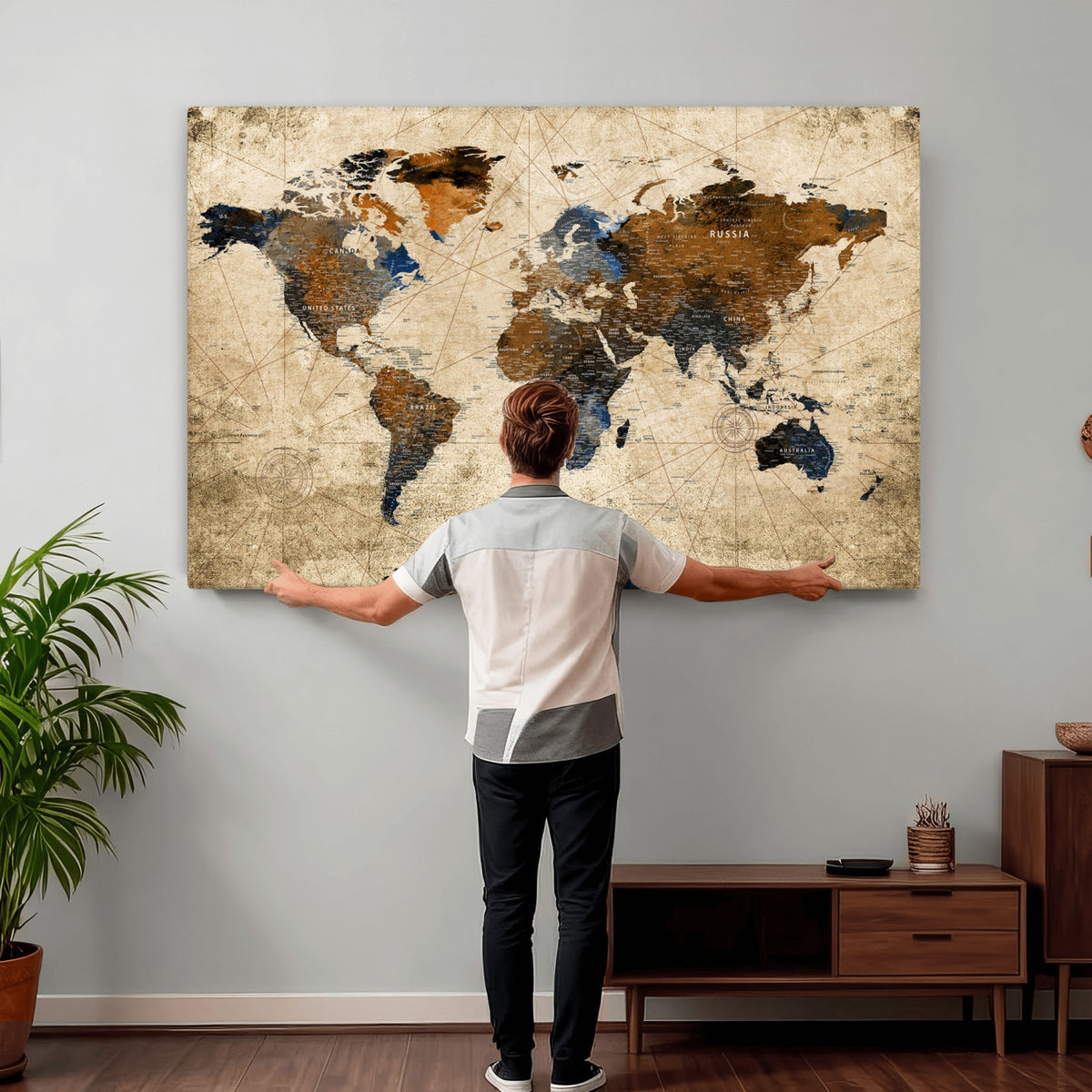 27163414-MGV-CV-36X24 - World Map Wall Art – Rustic Earth Tone Canvas Print, Antique