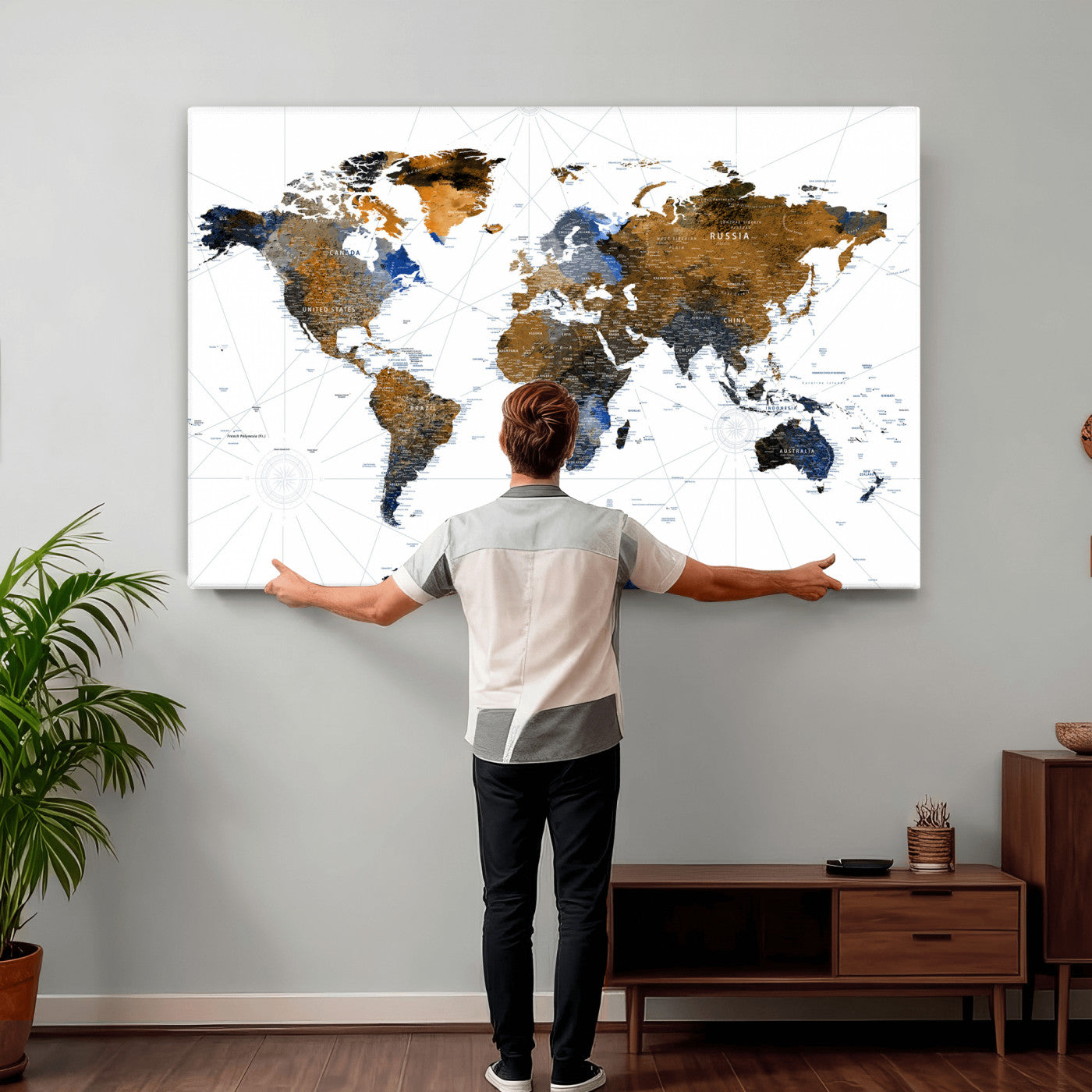 56364879-MGV-CV-36X24 - World Map Wall Art Canvas Print, Modern Decorative Framed Map Artwork Prints for Living Room, Office, Bedroom Wall Decor