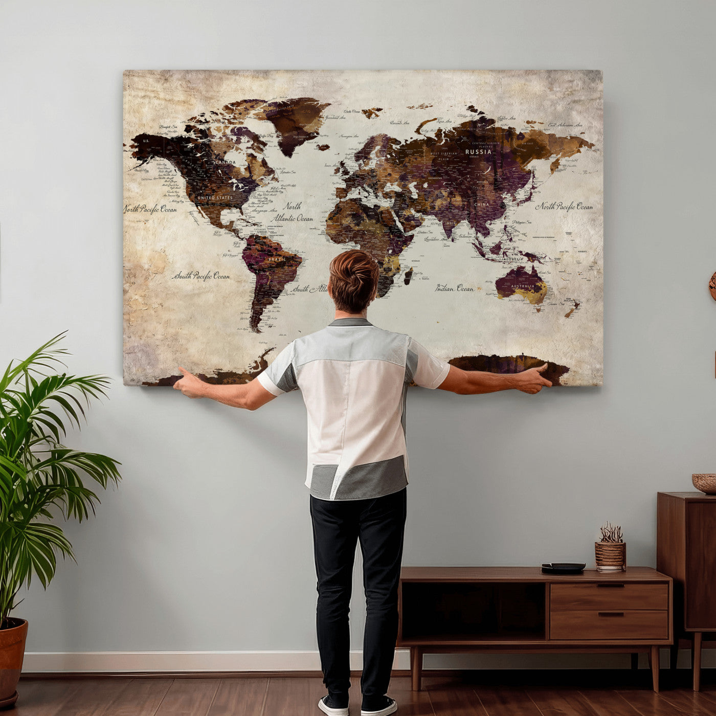50611123-MGV-CV-36X24 - World Map Canvas Triptych – Colorful Global Wall Art for Living Rooms, Offices, and Study Spaces