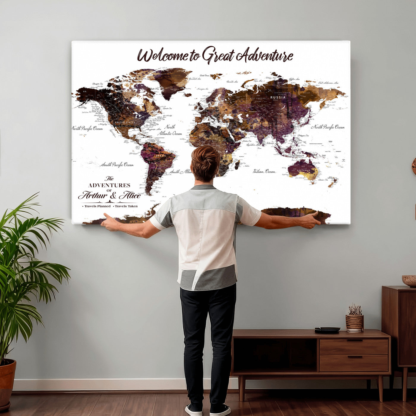 64110391125-MGV-CV-36X24 - Custom Push Pin World Map Wall Art Canvas Print – Personalized Travel Tracker with Pins Framed Large for Home and Office Decor