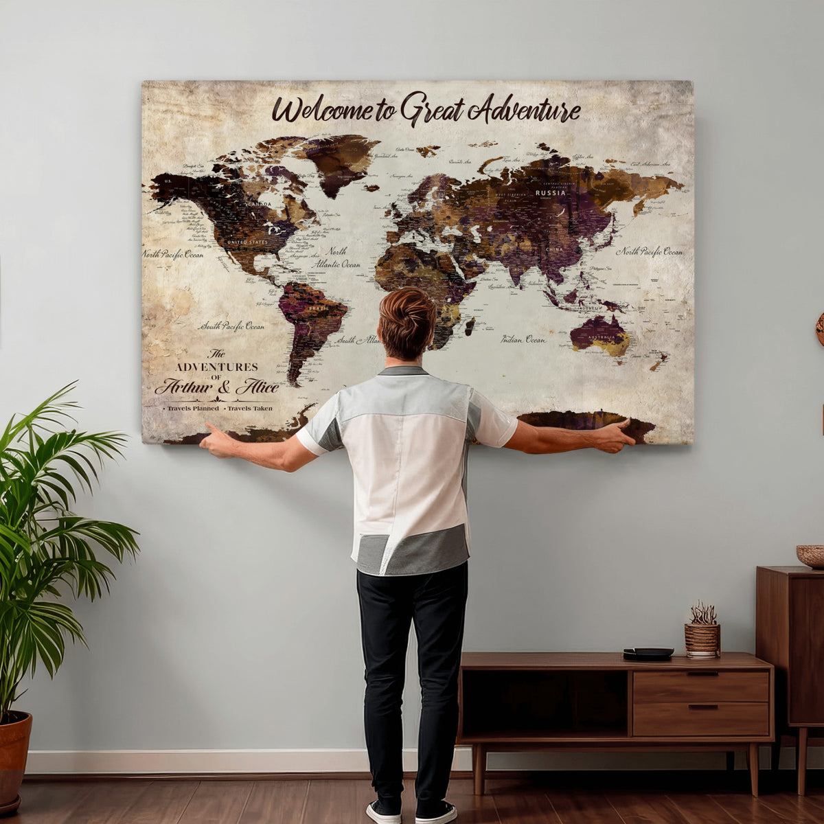 64110391126-MGV-CV-36X24 - Custom Beige World Travel Map Wall Art with Pins, Places Visited Tracker, Family Room and Entryway Decor