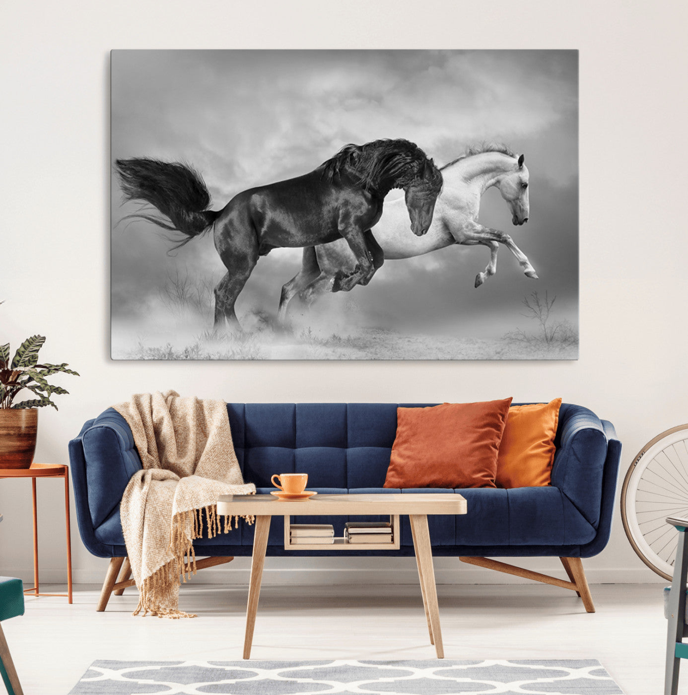 93546-MGV-CV-36X24-Wild Horses Wall Art Canvas Print – Framed Black and White Galloping Horses Dynamic Animal Artwork for Home, Office