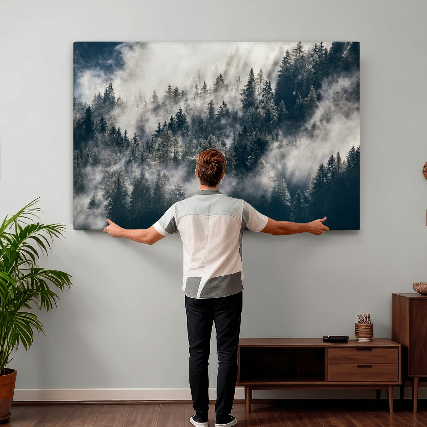 63405824-MGV-CV-36X24 - Foggy Mountain Forest Canvas Print, Misty Pine Trees Nature Wall Art, Framed Canvas Ready to Hang