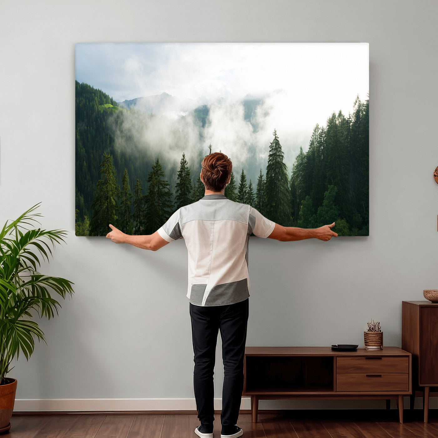 67174129-MGV-CV-36X24 - Misty Mountain Forest Canvas Print, Foggy Pine Trees Nature Wall Art, Framed Canvas Ready to Hang