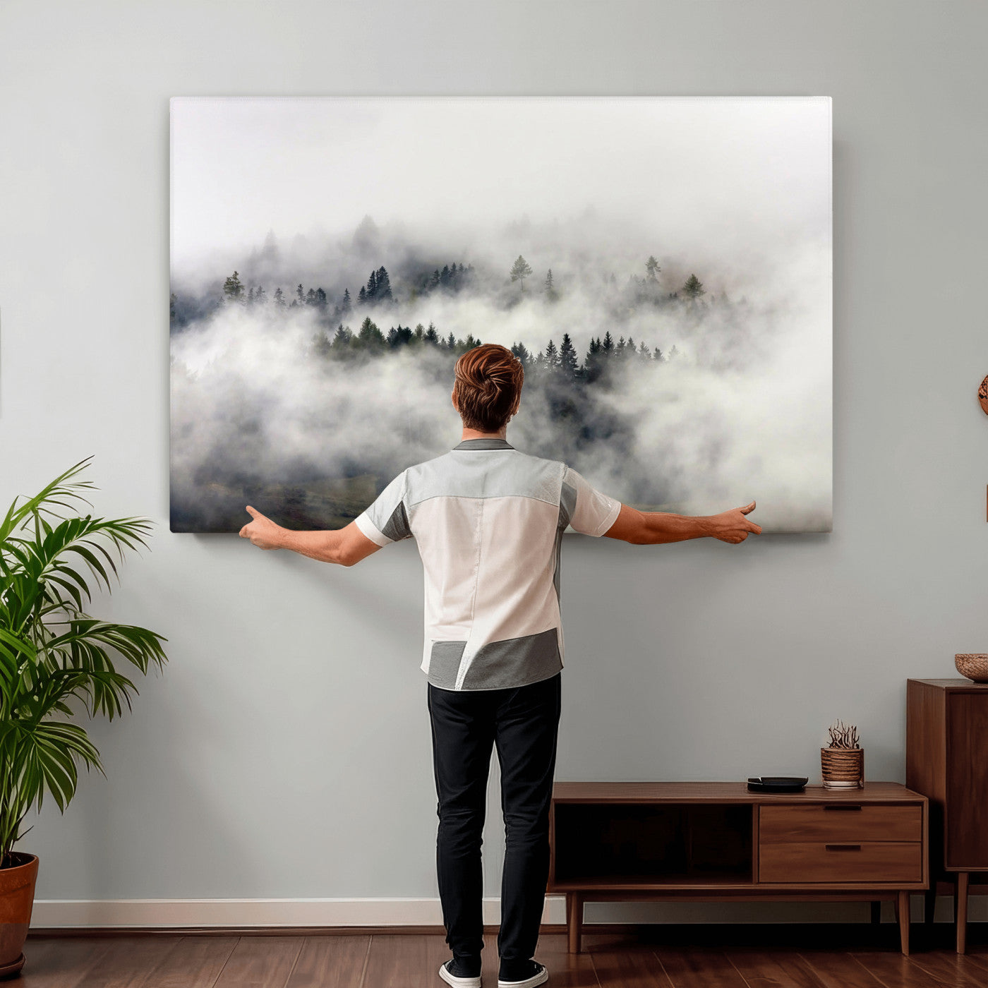 63235457-MGV-CV-36X24 - Foggy Forest Wall Art Canvas Print, Misty Pine Tree Landscape Wall Art Print, Framed Wall Art Ready to Hang