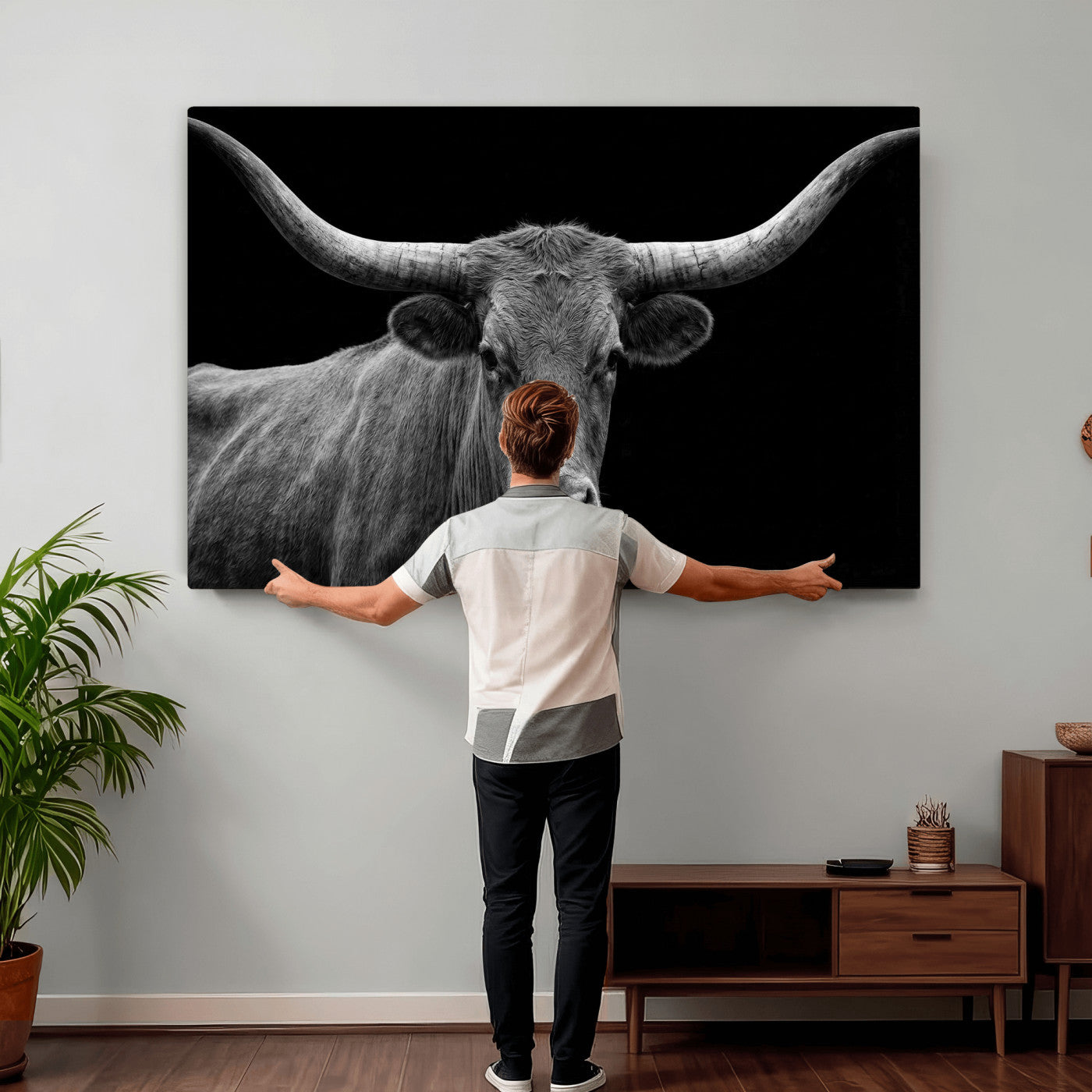 32601430-MGV-CV-36X24 - Texas Longhorn Bull Wall Art Canvas Print, Cow Portrait Photography, Framed Wall Art Ready to Hang
