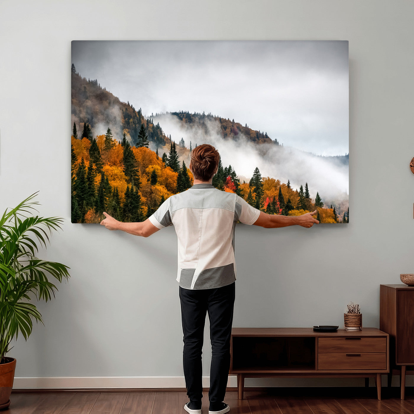 93581632-MGV-CV-36X24 - Autumn Forest Wall Art Canvas Print, Foggy Mountain Landscape Nature Photography, Framed Wall Art Ready to Hang