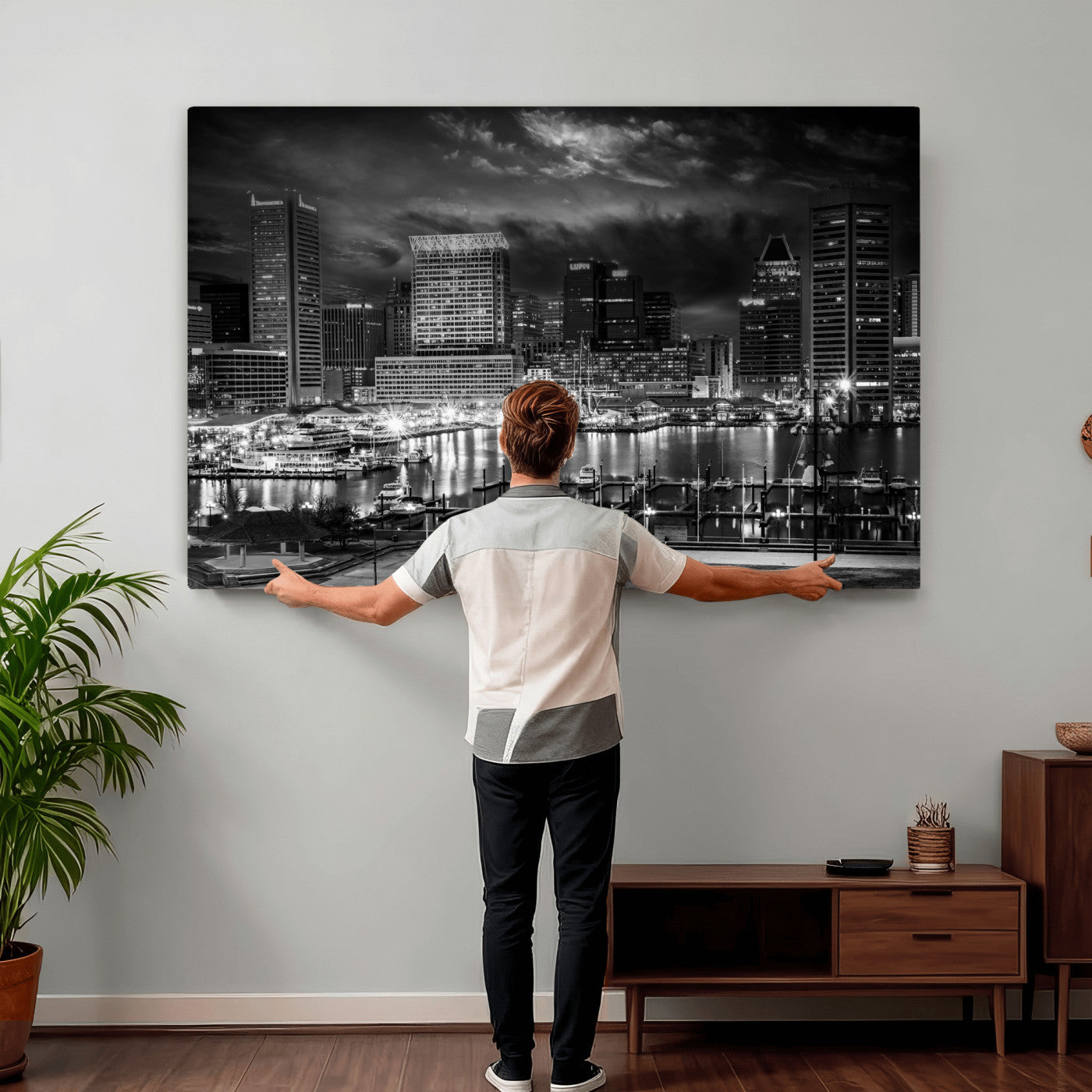 79755655-MGV-CV-36X24 - Baltimore Skyline Wall Art Canvas Print, Baltimore Downtown Night Cityscape Print for Modern Urban Wall Decor