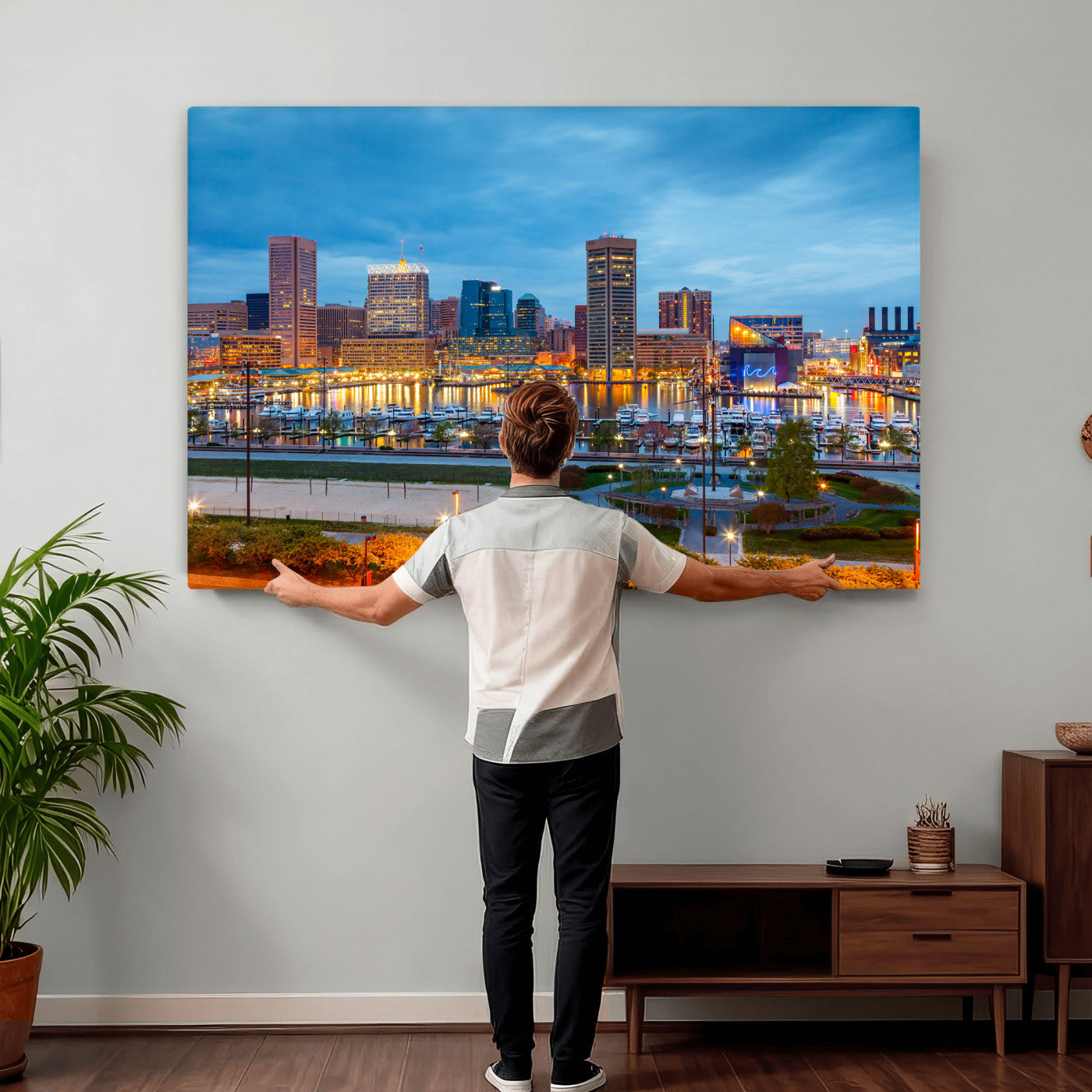 78635089-MGV-CV-36X24 - Baltimore Skyline Wall Art Canvas Print, Baltimore Downtown Night Cityscape Print for Modern Urban Wall Decor