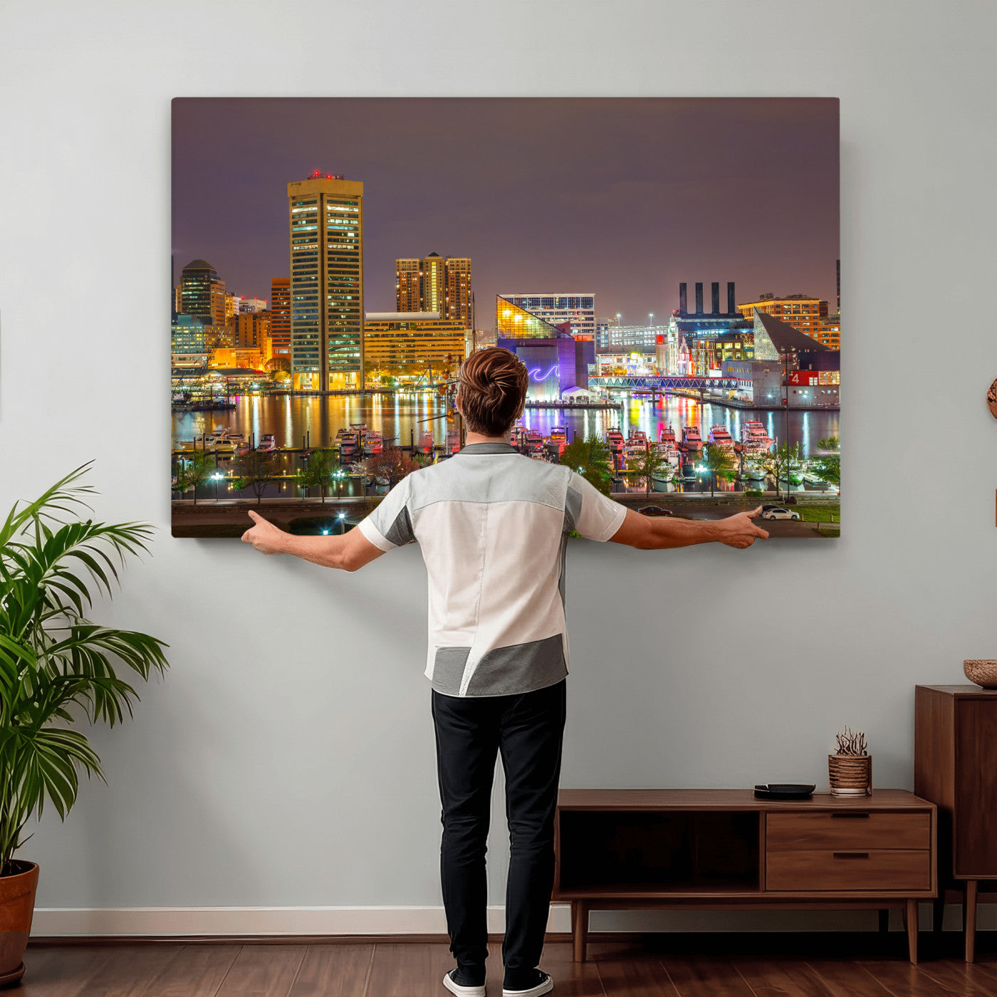 42654823-MGV-CV-36X24 - Baltimore Skyline Wall Art Canvas Print, Baltimore Downtown Night Cityscape Print for Modern Urban Wall Decor