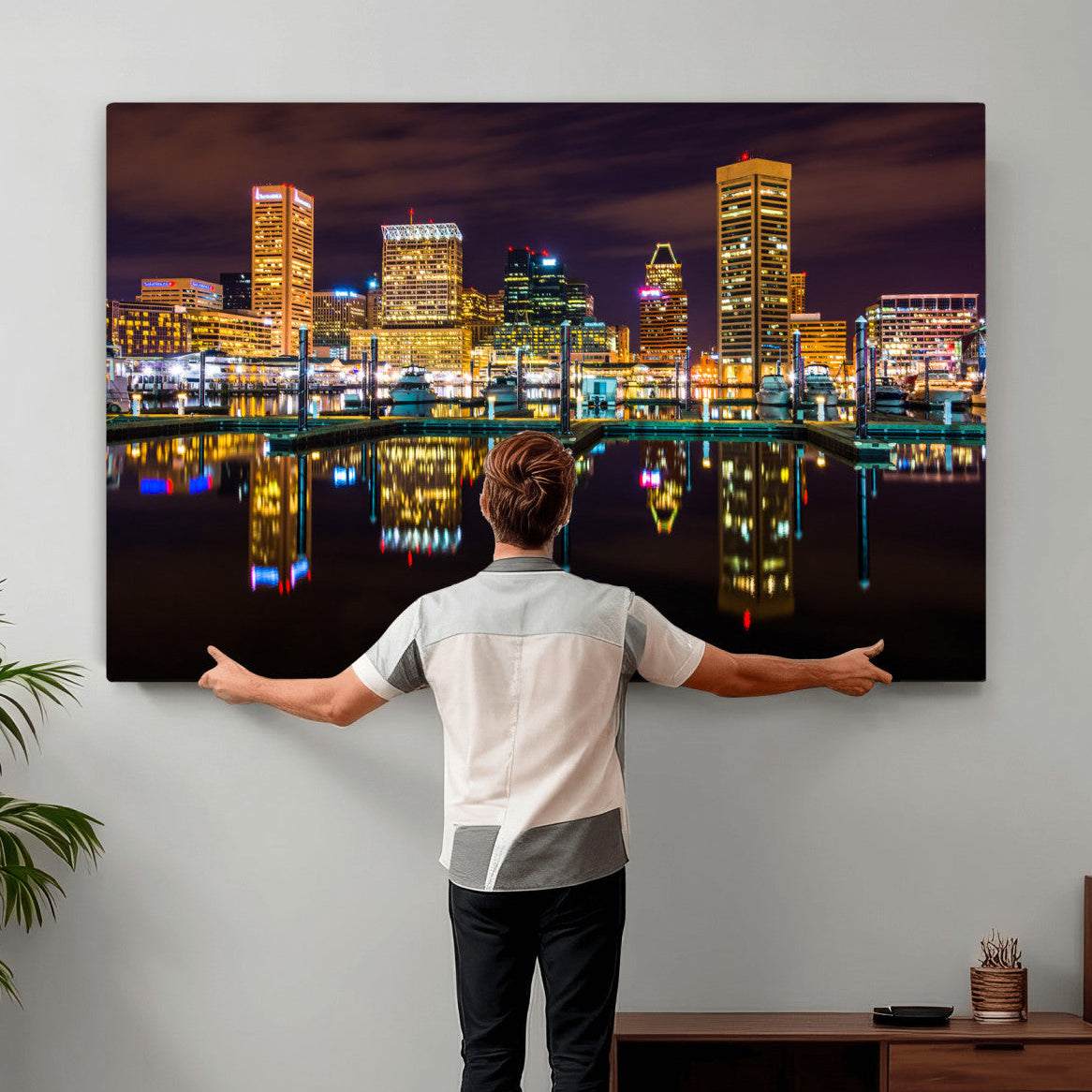 38201692-MGV-CV-36X24 - Baltimore Skyline Wall Art Canvas Print, Baltimore Downtown Night Cityscape Print for Modern Urban Wall Decor