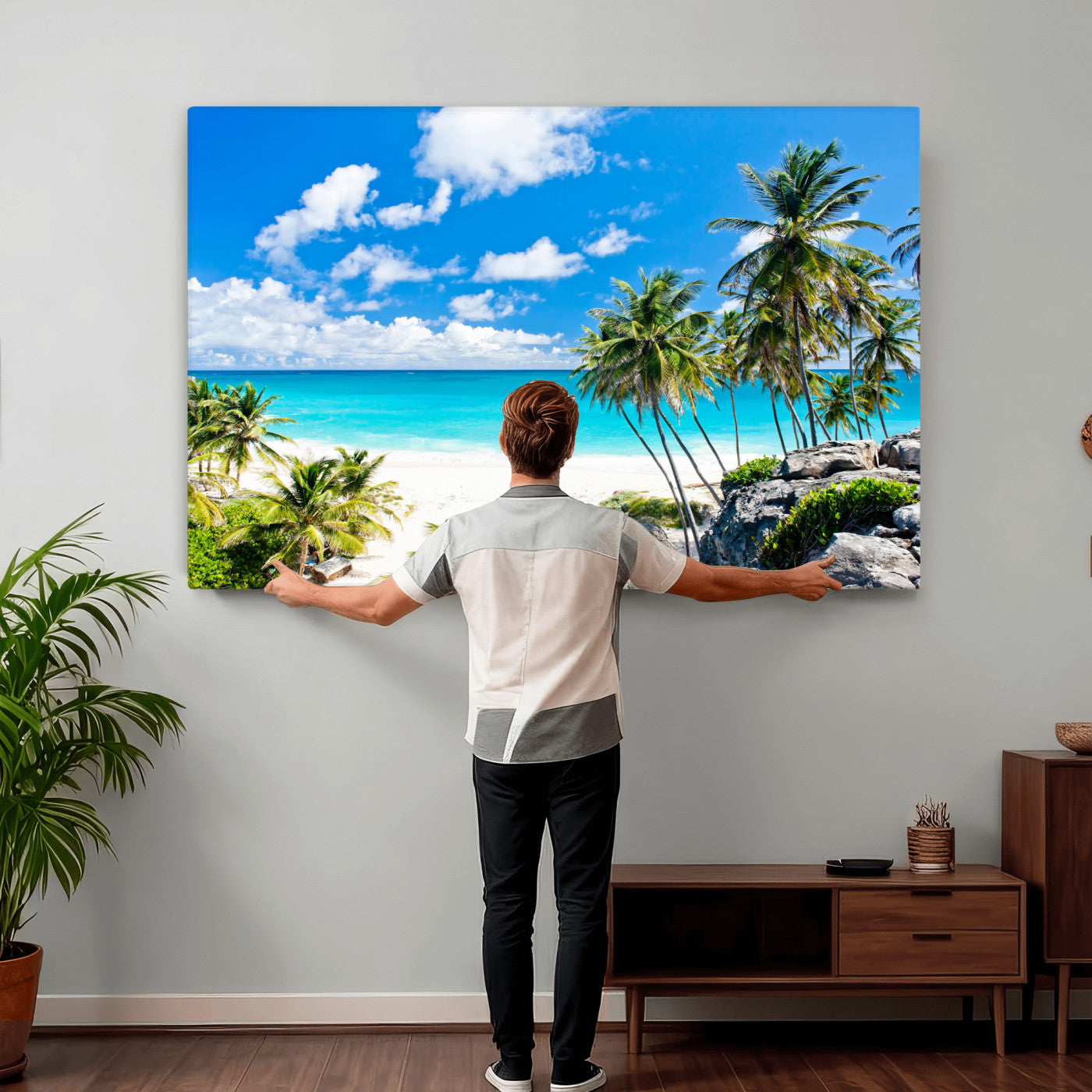 29232878-MGV-CV-36X24 - Barbados Beach Wall Art Canvas Print, Palm Tree Ocean Landscape, Turquoise Sea Coastal Photography, Tropical Island Wall Decor, Framed Ready to Hang