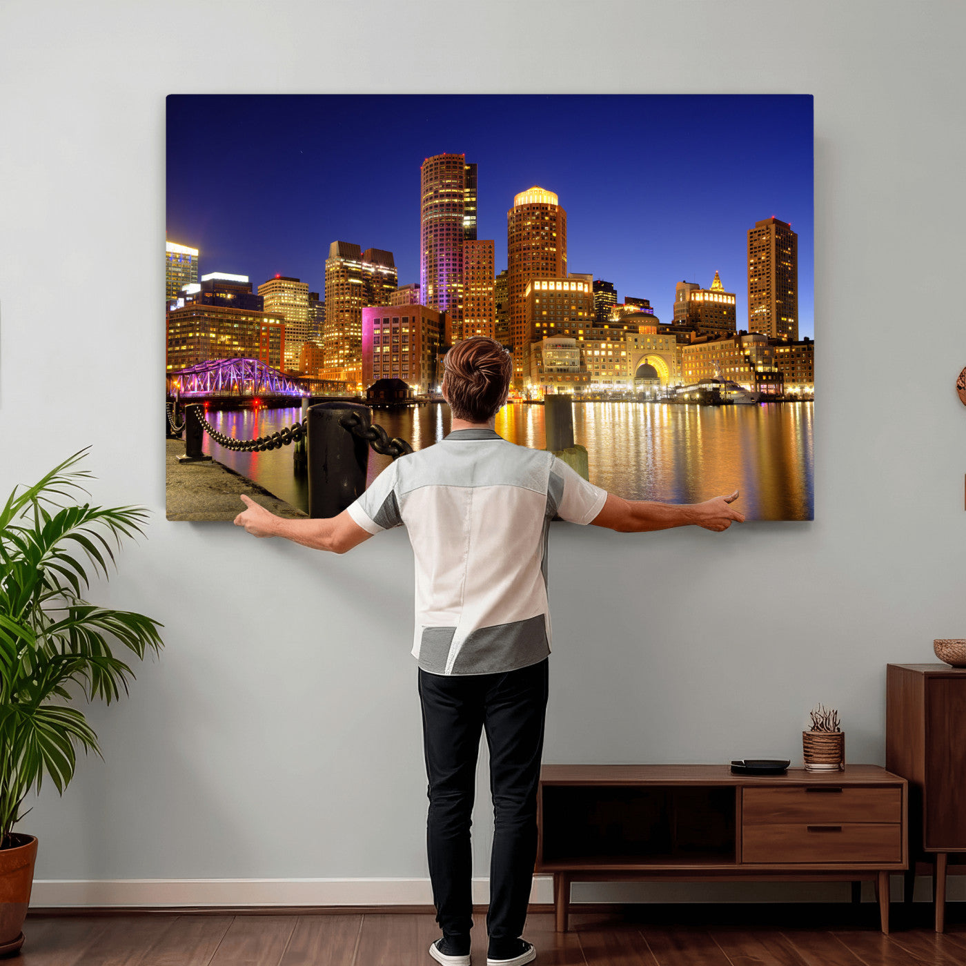 56611117-MGV-CV-36X24 - Boston Wall Art Canvas Print, Boston City Downtown Night Cityscape Print for Modern Urban Wall Decor