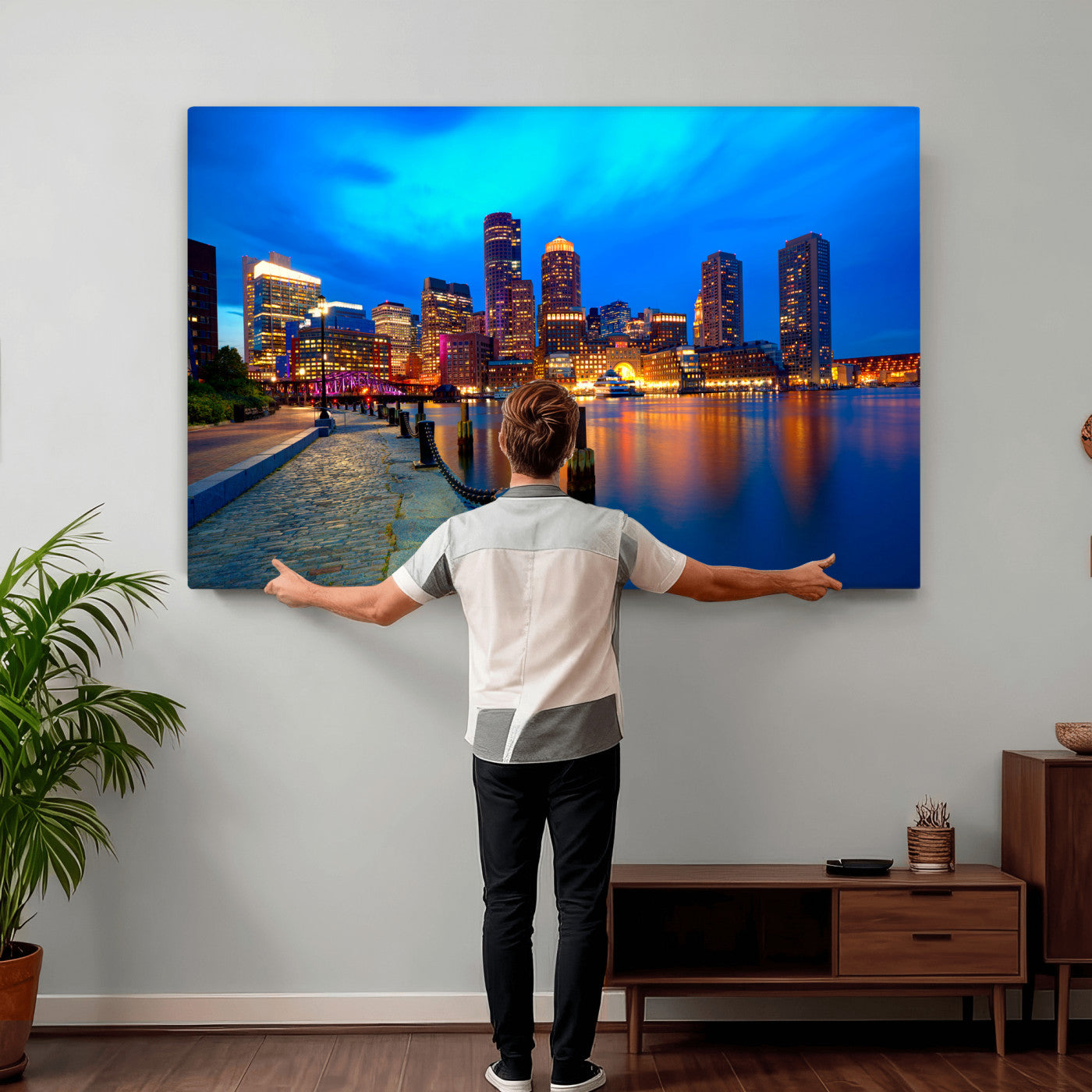 69619565-MGV-CV-36X24 - Boston Wall Art Canvas Print, Boston City Downtown Night Cityscape Print for Modern Urban Wall Decor