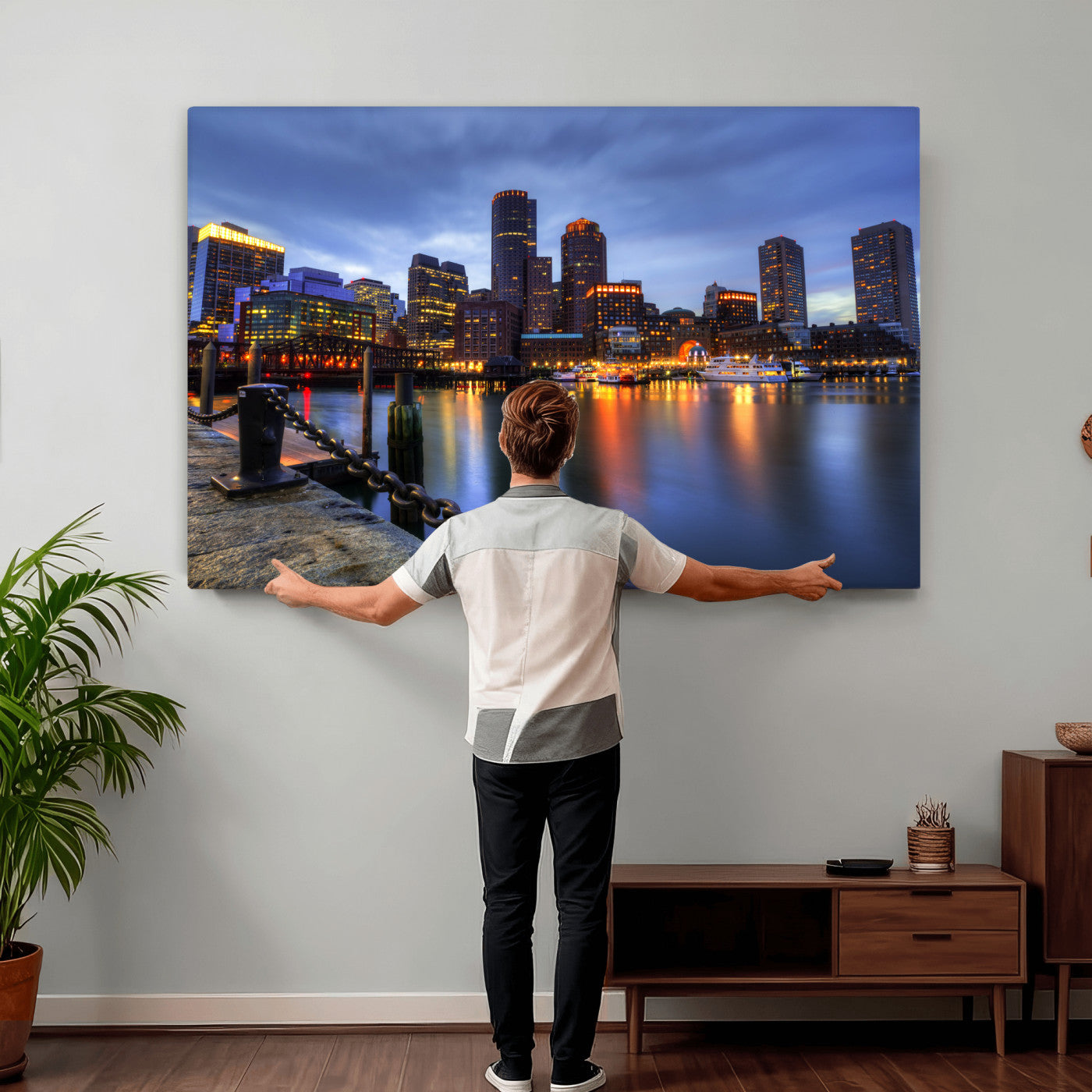 82439622-MGV-CV-36X24 - Boston Wall Art Canvas Print, Boston City Downtown Night Cityscape Print for Modern Urban Wall Decor