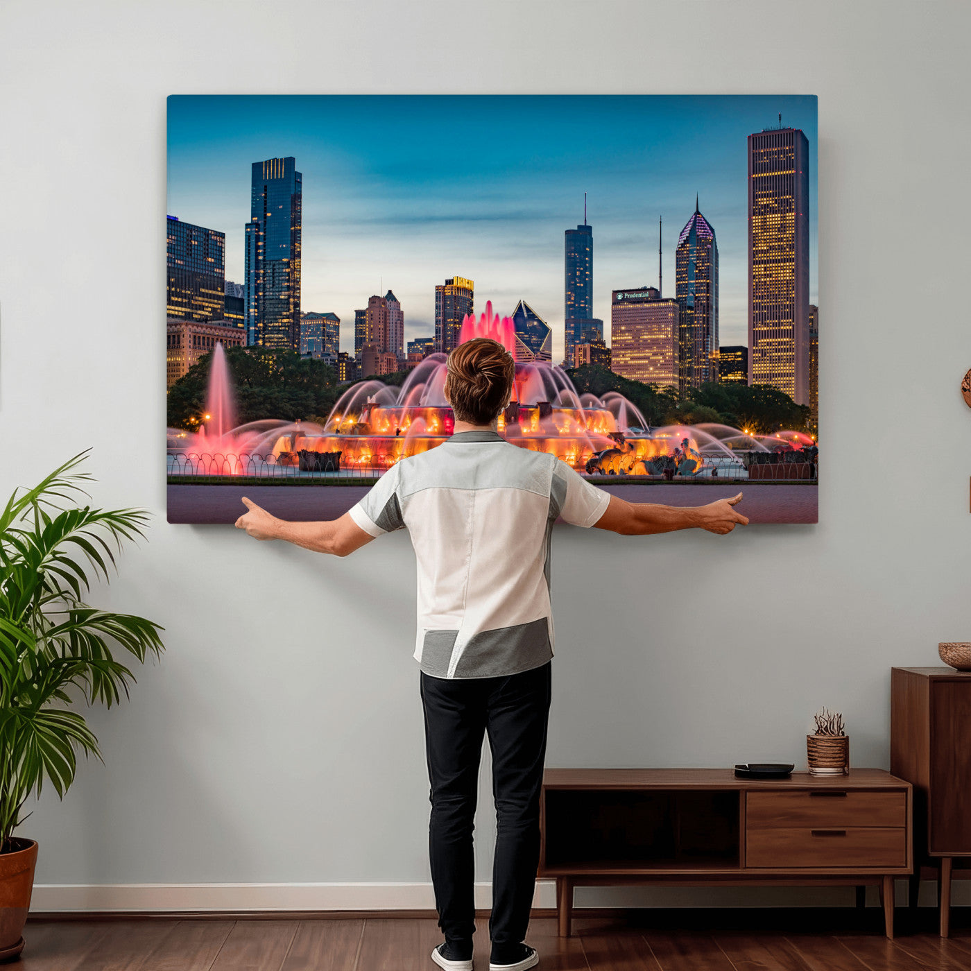 46805285-MGV-CV-36X24 - Chicago Wall Art Canvas Print, Chicago City Downtown Night Cityscape Print for Modern Urban Wall Decor