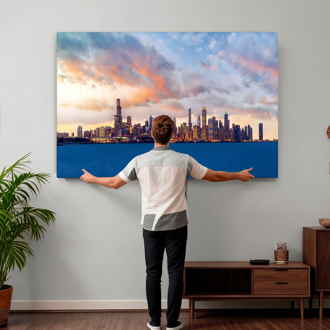 34667960-MGV-CV-36X24 - Chicago Wall Art Canvas Print, Chicago City Downtown Night Cityscape Print for Modern Urban Wall Decor