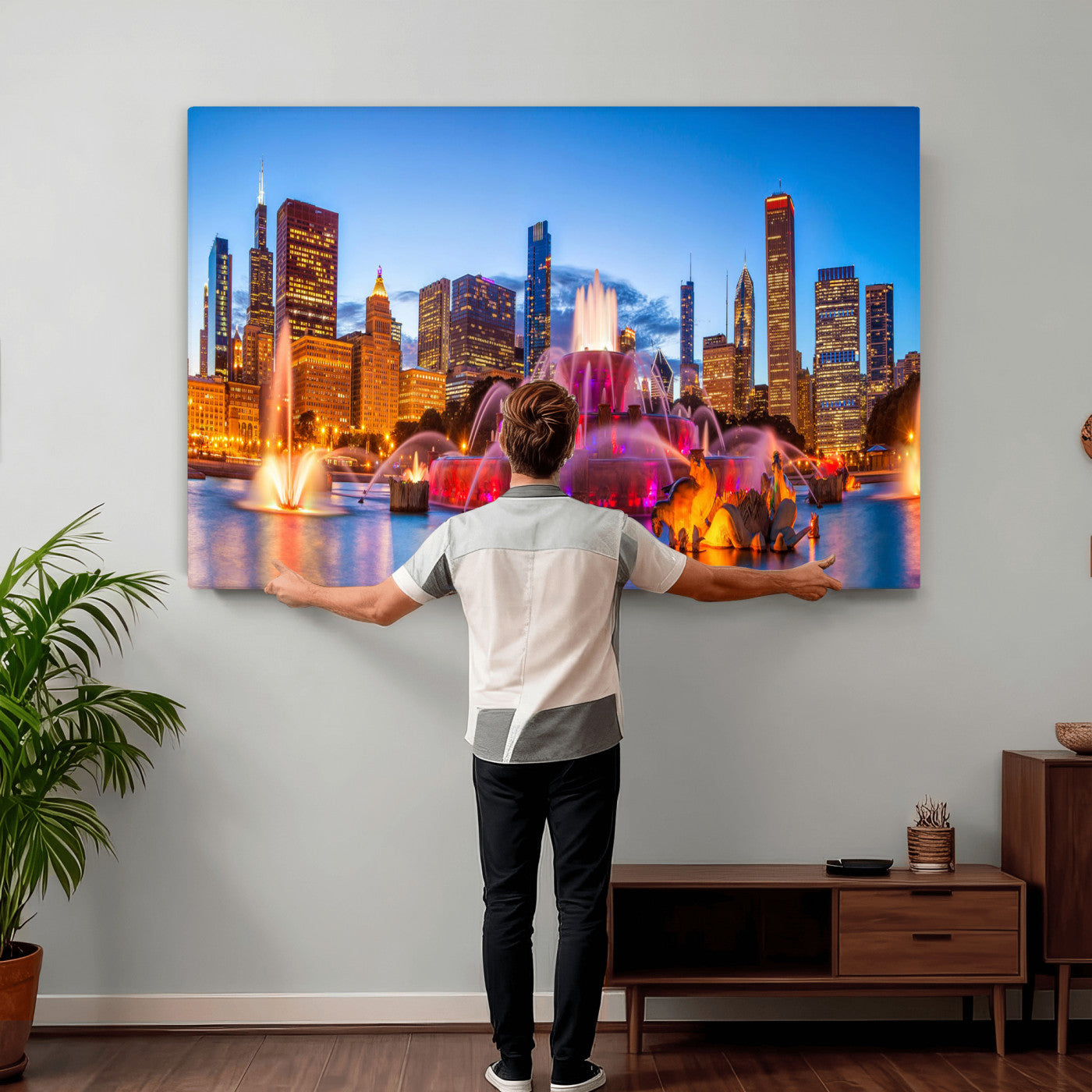 20251989-MGV-CV-36X24 - Chicago Wall Art Canvas Print, Chicago City Downtown Night Cityscape Print for Modern Urban Wall Decor