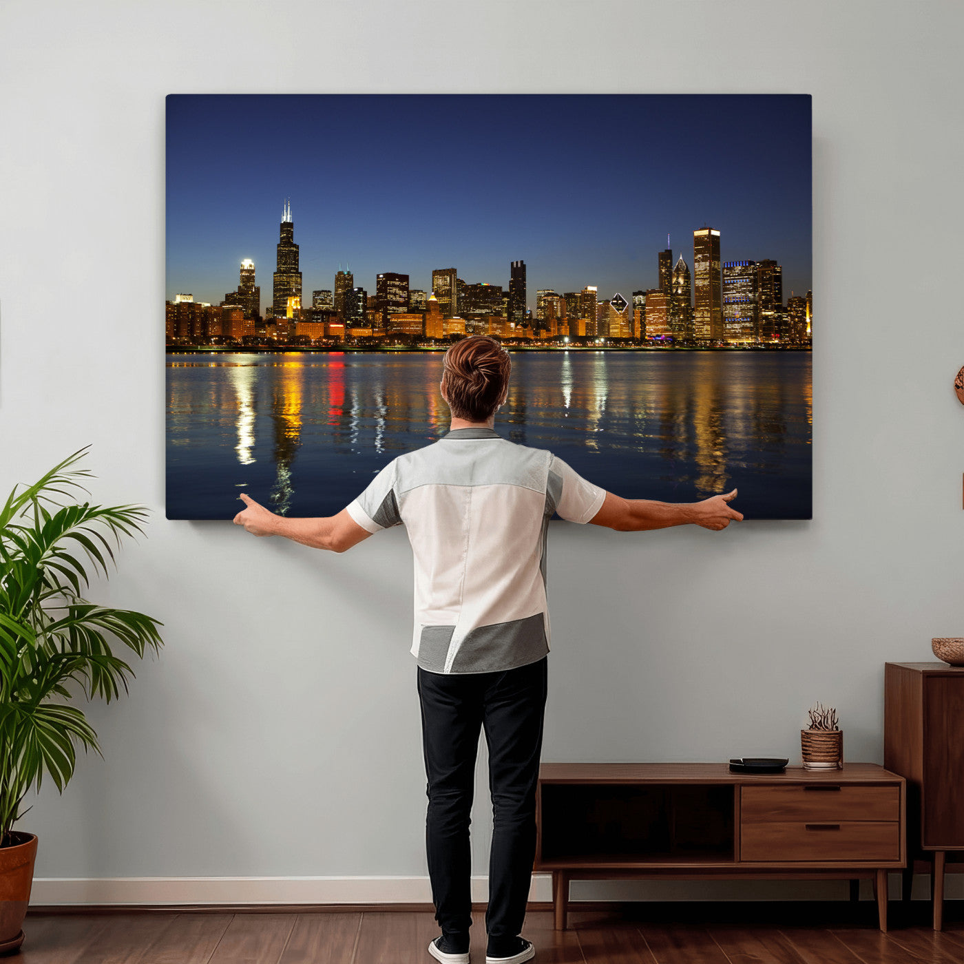 67308035-MGV-CV-36X24 - Chicago Wall Art Canvas Print, Chicago City Downtown Night Cityscape Print for Modern Urban Wall Decor
