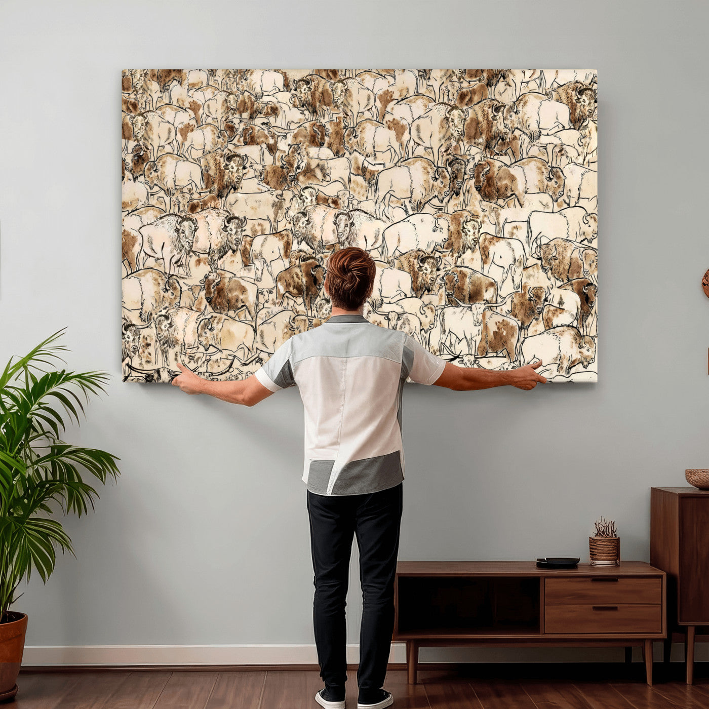 50142019-MGV-CV-36X24 - Farmhouse Animals Wall Art Canvas Print - Abstract Farm Animal Drawing Mid-Century Wall Art for Cabin Decor