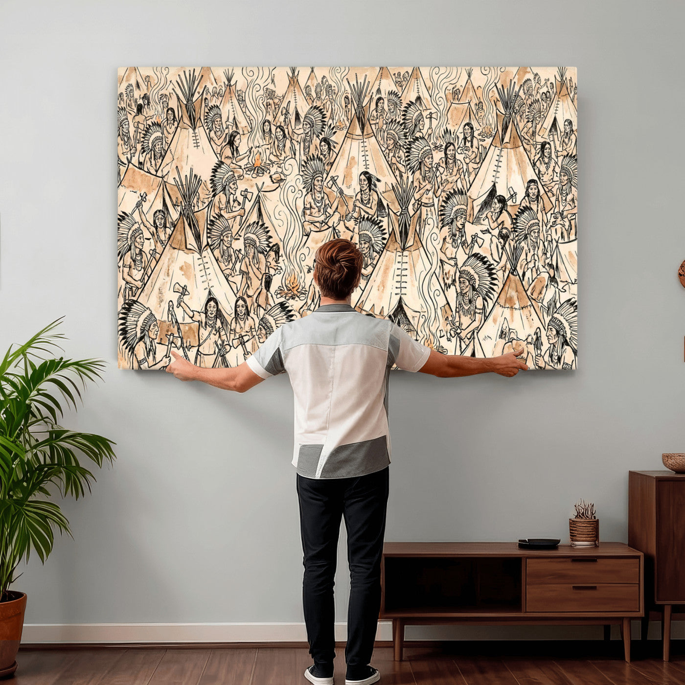 72739176-MGV-CV-36X24 - Farmhouse Animals Wall Art Canvas Print - Abstract Farm Animal Drawing Mid-Century Wall Art for Cabin Decor