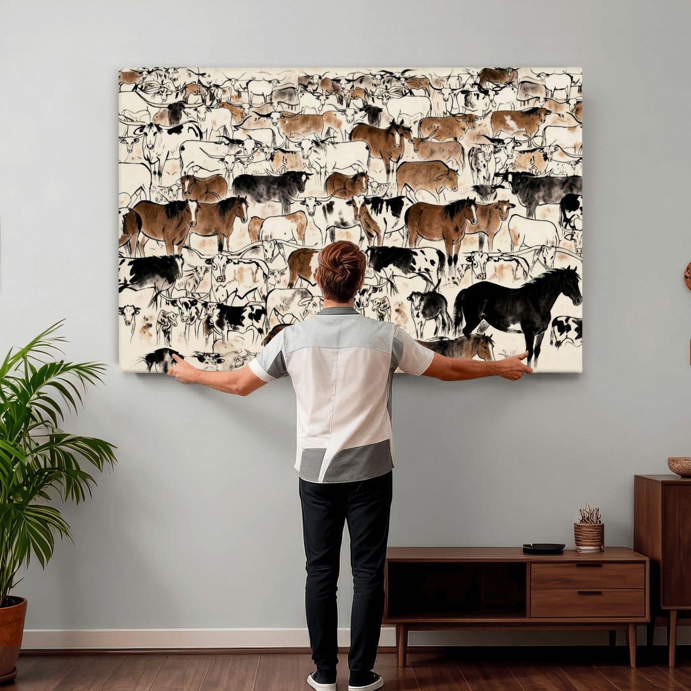 86150485-MGV-CV-36X24 - Farmhouse Animals Wall Art Canvas Print - Abstract Farm Animal Drawing Mid-Century Wall Art for Cabin Decor