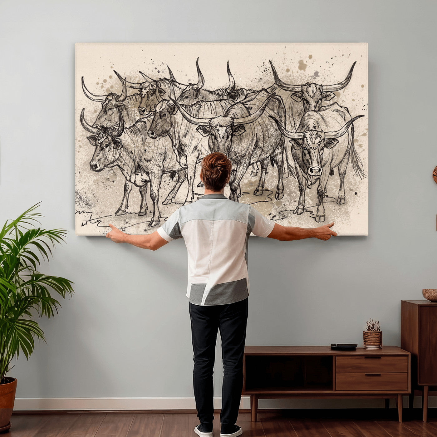74232558-MGV-CV-36X24 - Farmhouse Animals Wall Art Canvas Print - Abstract Farm Animal Drawing Mid-Century Wall Art for Cabin Decor
