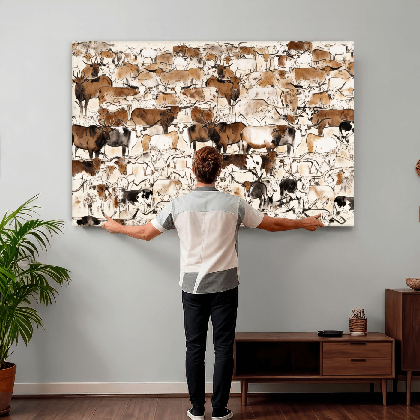 81416572-MGV-CV-36X24 - Farmhouse Animals Wall Art Canvas Print - Abstract Farm Animal Drawing Mid-Century Wall Art for Cabin Decor