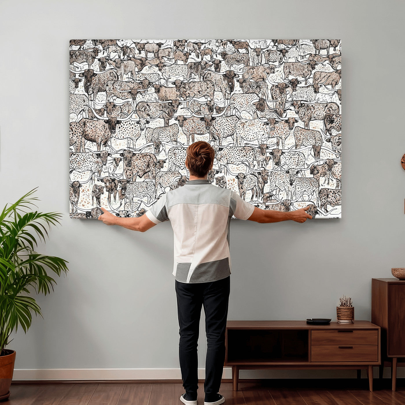 49200255-MGV-CV-36X24 - Farmhouse Animals Wall Art Canvas Print - Abstract Farm Animal Drawing Mid-Century Wall Art for Cabin Decor