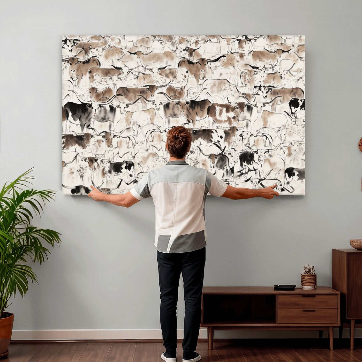 66685375-MGV-CV-36X24 - Farmhouse Animals Wall Art Canvas Print - Abstract Farm Animal Drawing Mid-Century Wall Art for Cabin Decor