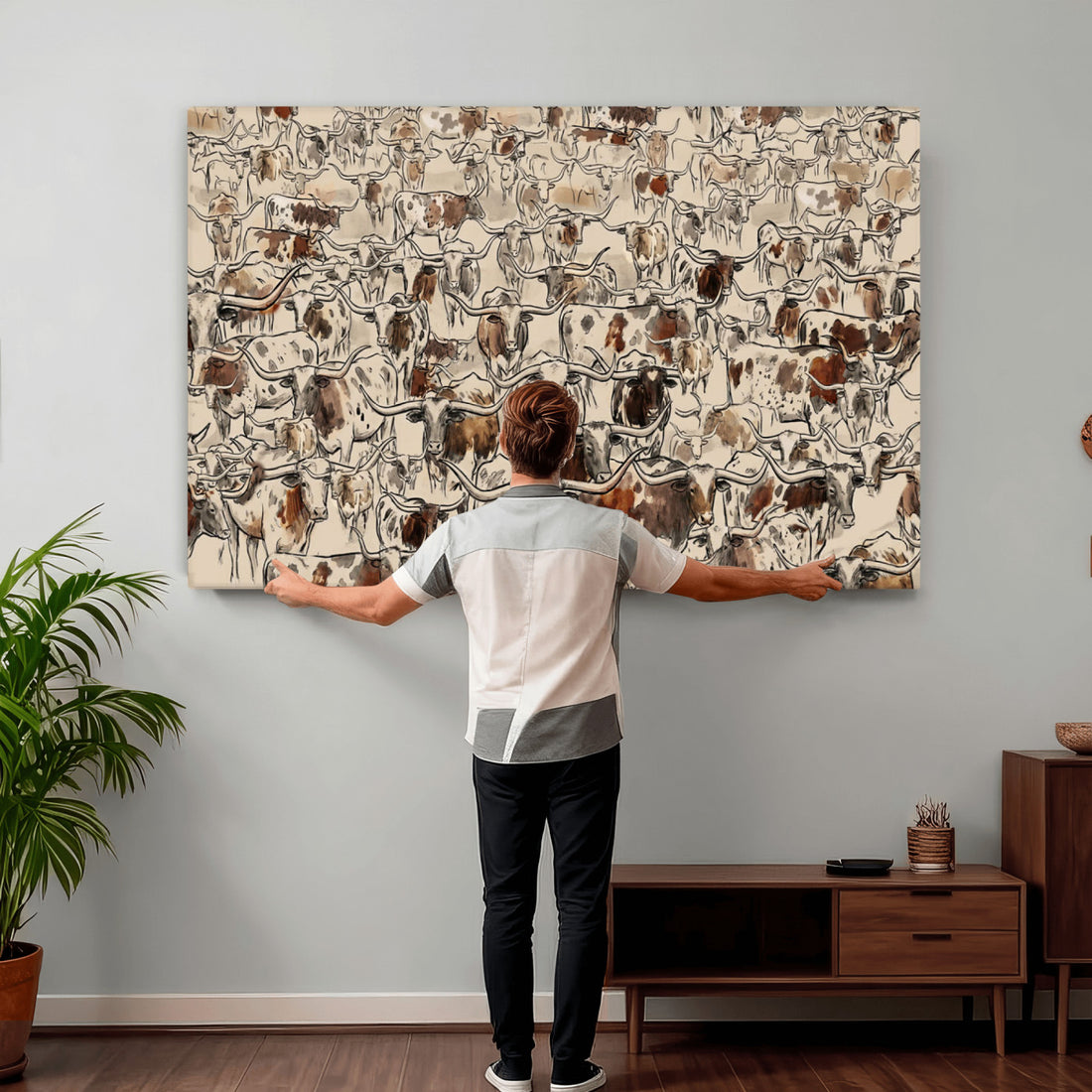 Abstract Longhorn Wall Art Canvas Print, Farm Animal Drawing, Mid-Century Cabin Decor