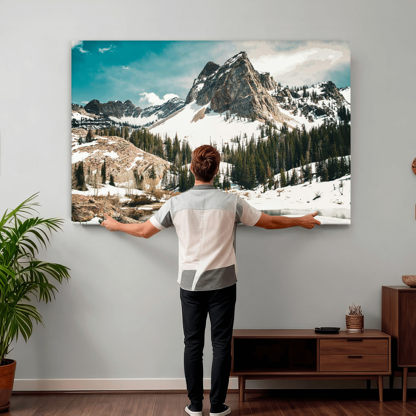 56837070-MGV-CV-36X24 - Snowy Mountain Landscape Wall Art Canvas Print, Alpine Pine Forest Winter Nature Wall Decor for Living Room and Office