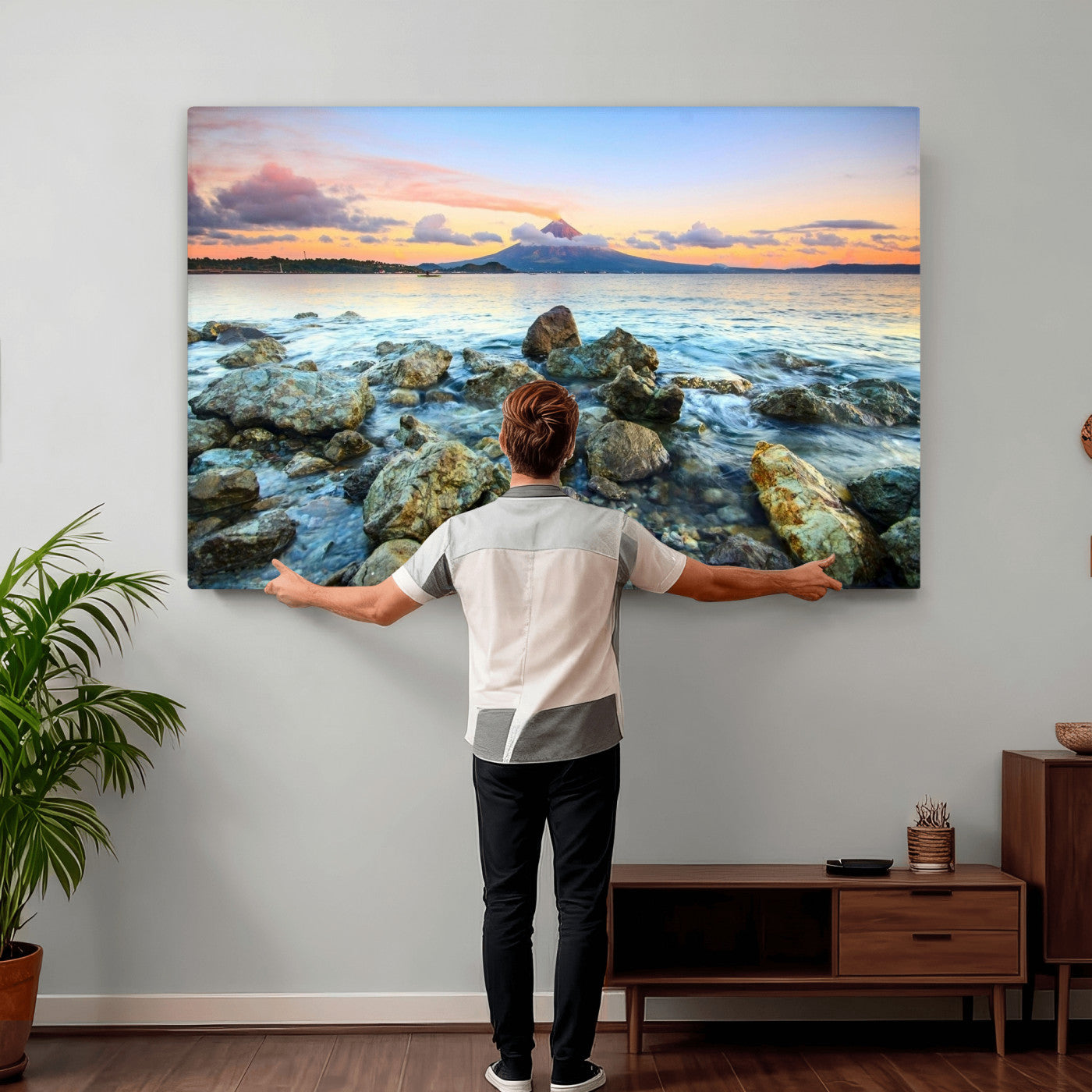 46869511-MGV-CV-36X24 - Mayon Volcano Seascape Landscape Wall Art Canvas Print, Tropical Ocean Shore Mountain Canvas Print, Philippines Coastal Scenic Art Printing