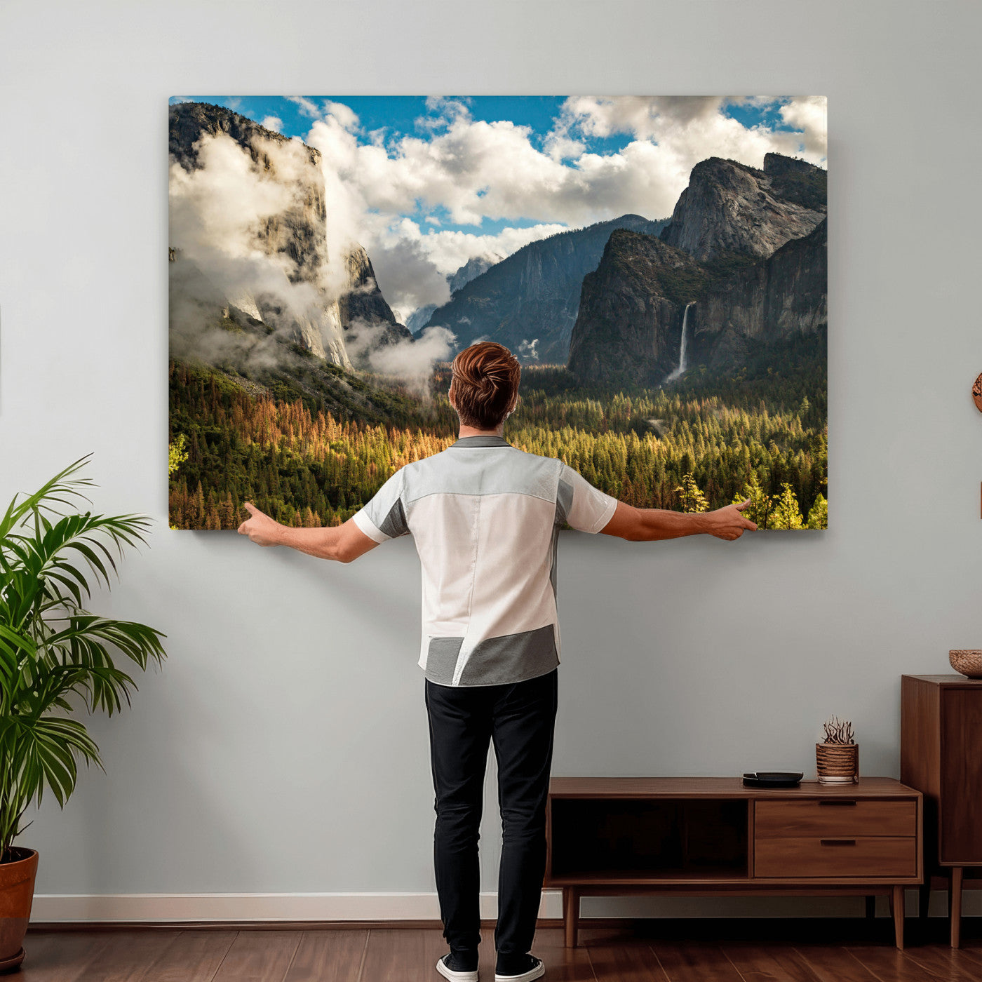 18271001-MGV-CV-36X24 - Yosemite Valley River Landscape Wall Art Canvas Print, Granite Cliffs Forest River Canvas Print, California National Park Moody Scenic Art Printi