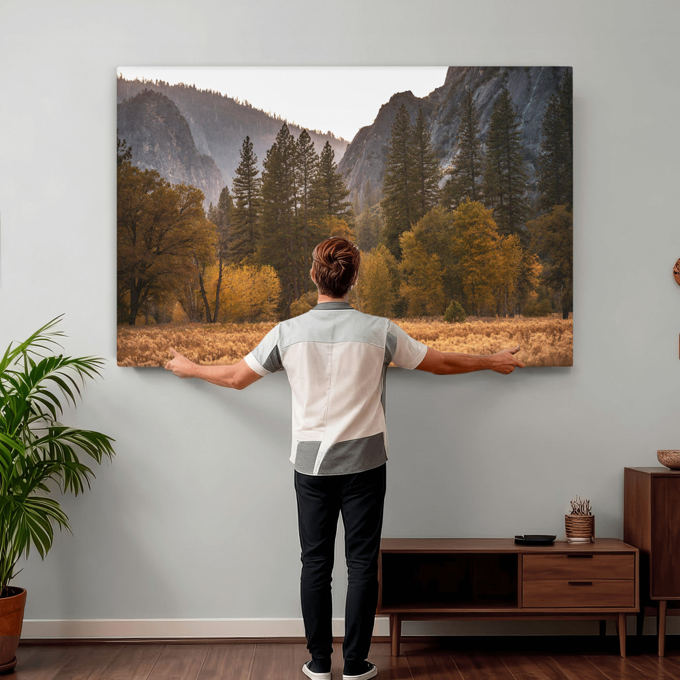 61682763-MGV-CV-36X24 - Yosemite Valley Autumn Forest Landscape Wall Art Canvas Print, Granite Mountain Pine Trees Canvas Print, California National Park Fall Scenic Art Printing