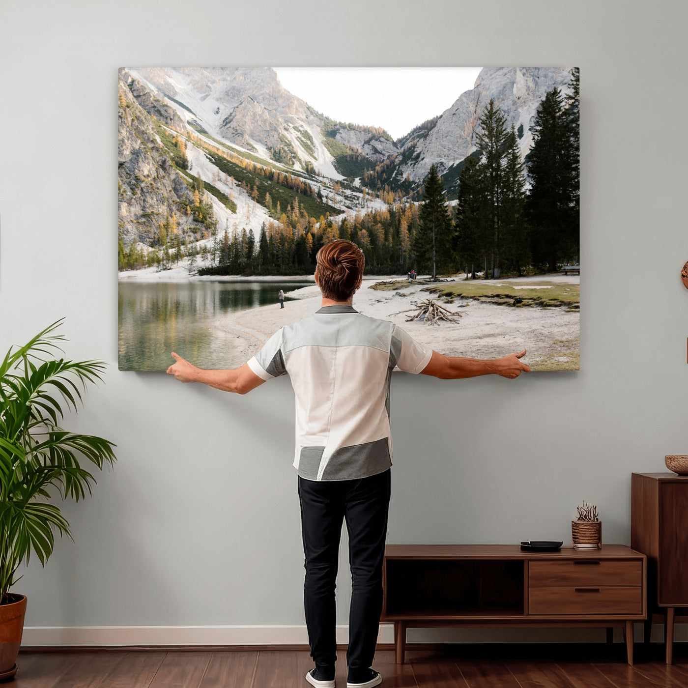 89246758-MGV-CV-36X24 - Lake Braies Alpine Landscape Wall Art Canvas Print, Dolomites Mountain Lake Forest Canvas Print, Italian Alps Scenic Nature Art Printing