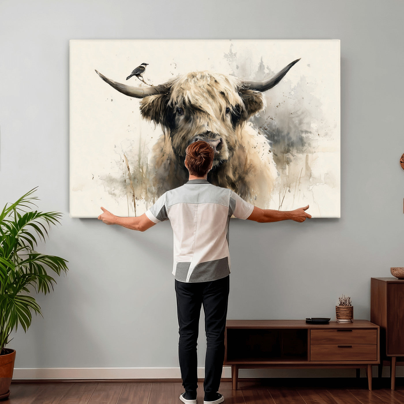 98249290-MGV-CV-36X24 - Abstract Highland Cow Watercolor Animal Wall Art Canvas Print, Rustic Farm Cattle Portrait Canvas Print, Neutral Wildlife Farmhouse Art Printing
