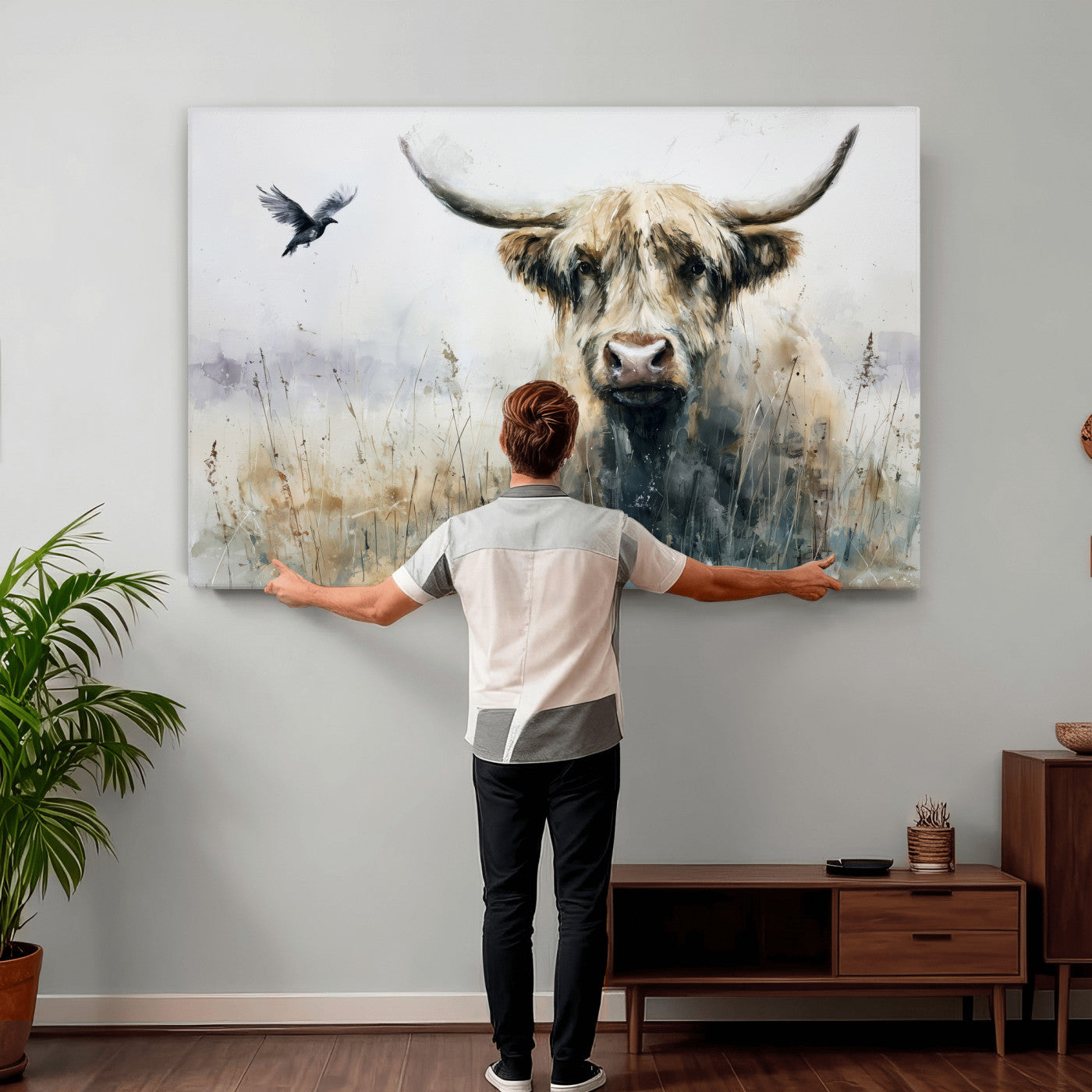 55652651-MGV-CV-36X24 - Abstract Highland Cow Watercolor Animal Wall Art Canvas Print, Rustic Farm Cattle Portrait Canvas Print, Neutral Wildlife Farmhouse Art Printing