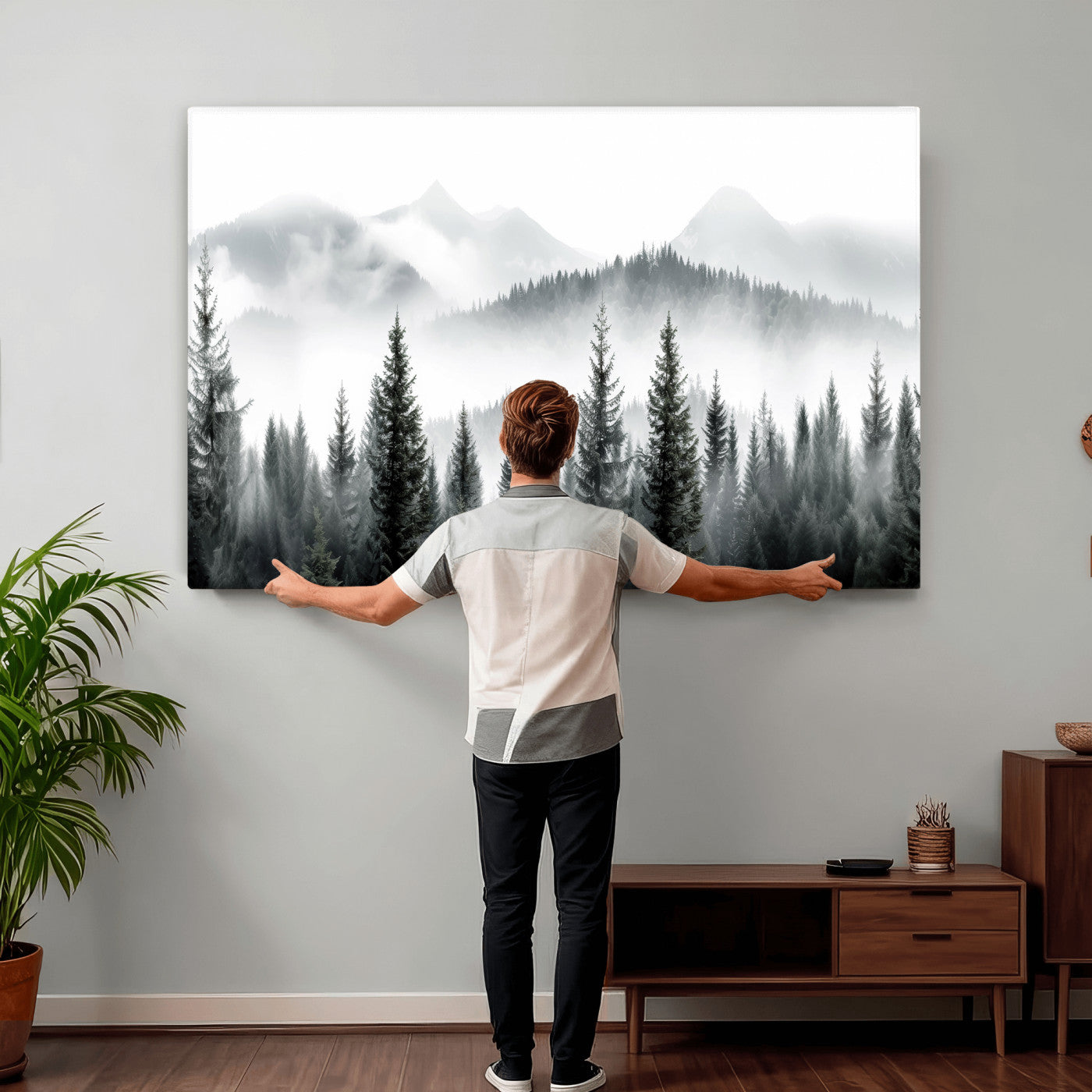 38819032-MGV-CV-36X24 - Misty Pine Forest Mountain Landscape Wall Art Canvas Print, Foggy Evergreen Trees Minimal Nature Canvas Print, Monochrome Wilderness Scenic Art Printing