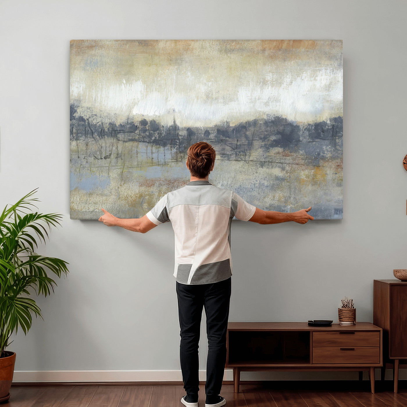 73973590-MGV-CV-36X24 - Abstract Neutral Landscape Painting Wall Art Canvas Print, Modern Minimal Texture Horizon Canvas Print, Beige Gray Contemporary Abstract Art Printing