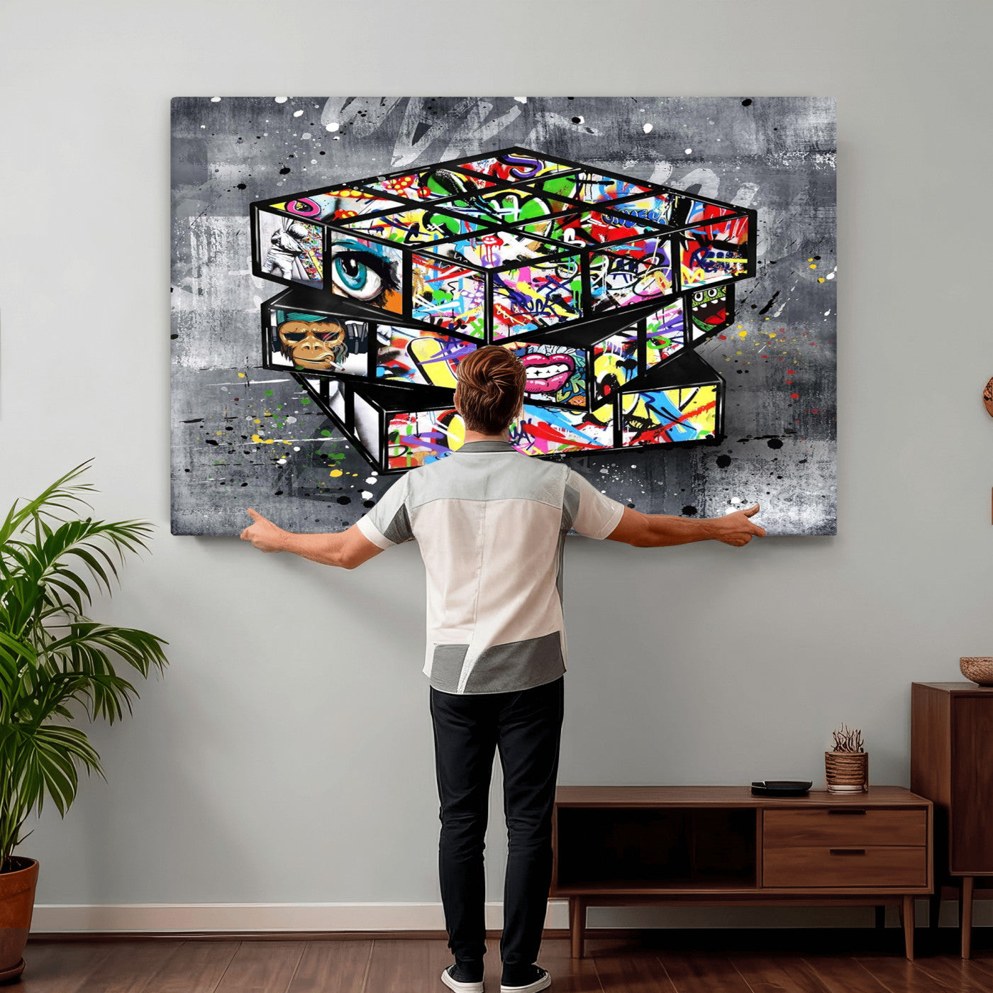 46789556-MGV-CV-36X24 - Graffiti Cube Abstract Street Art Wall Art Canvas Print, Colorful Urban Pop Art Geometric Canvas Print, Modern Street Art Contemporary Art Printing
