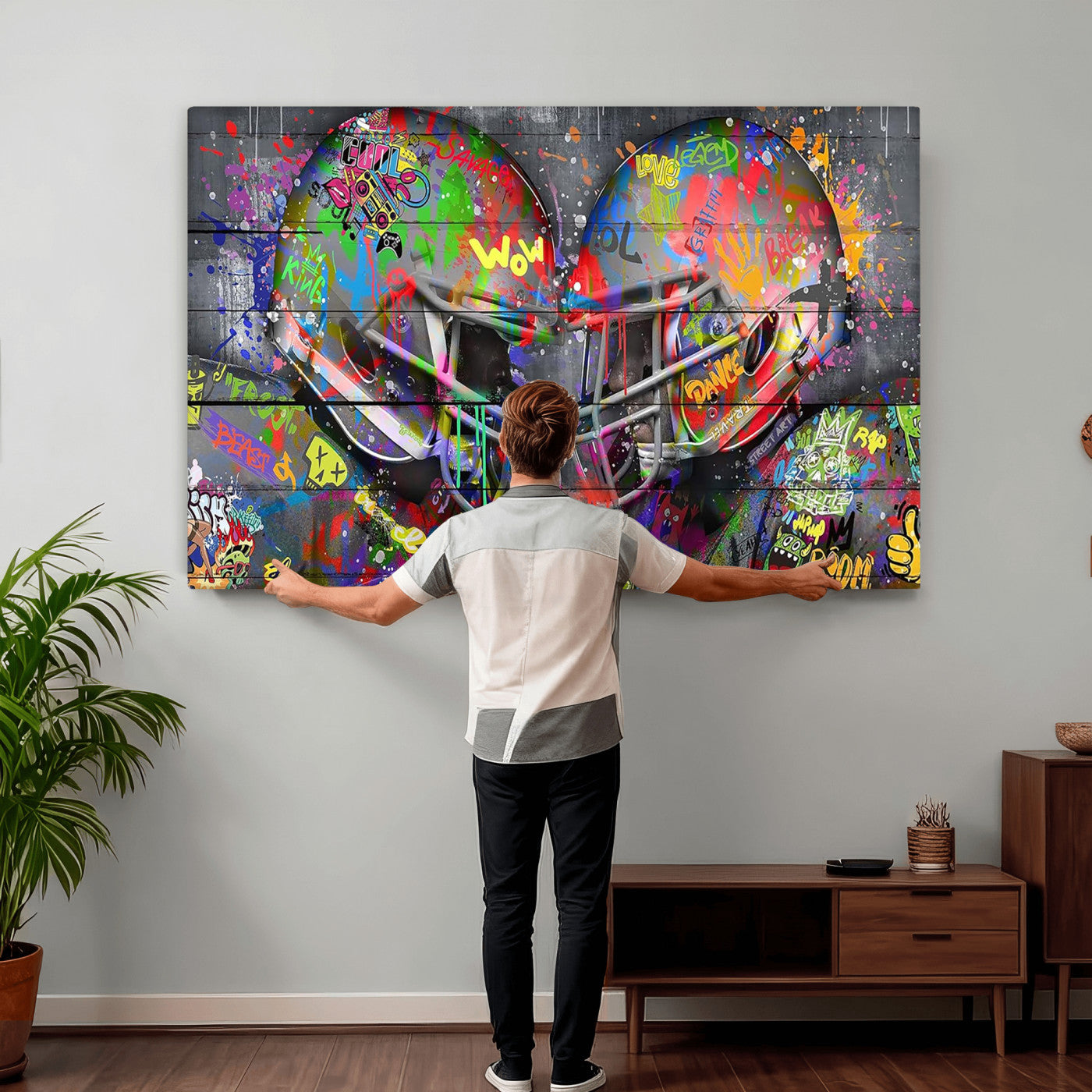 15309853-MGV-CV-36X24 - Graffiti Football Helmets Wall Art Canvas Print, Urban Street Art Sports Decor, Colorful American Football Graffiti Artwork