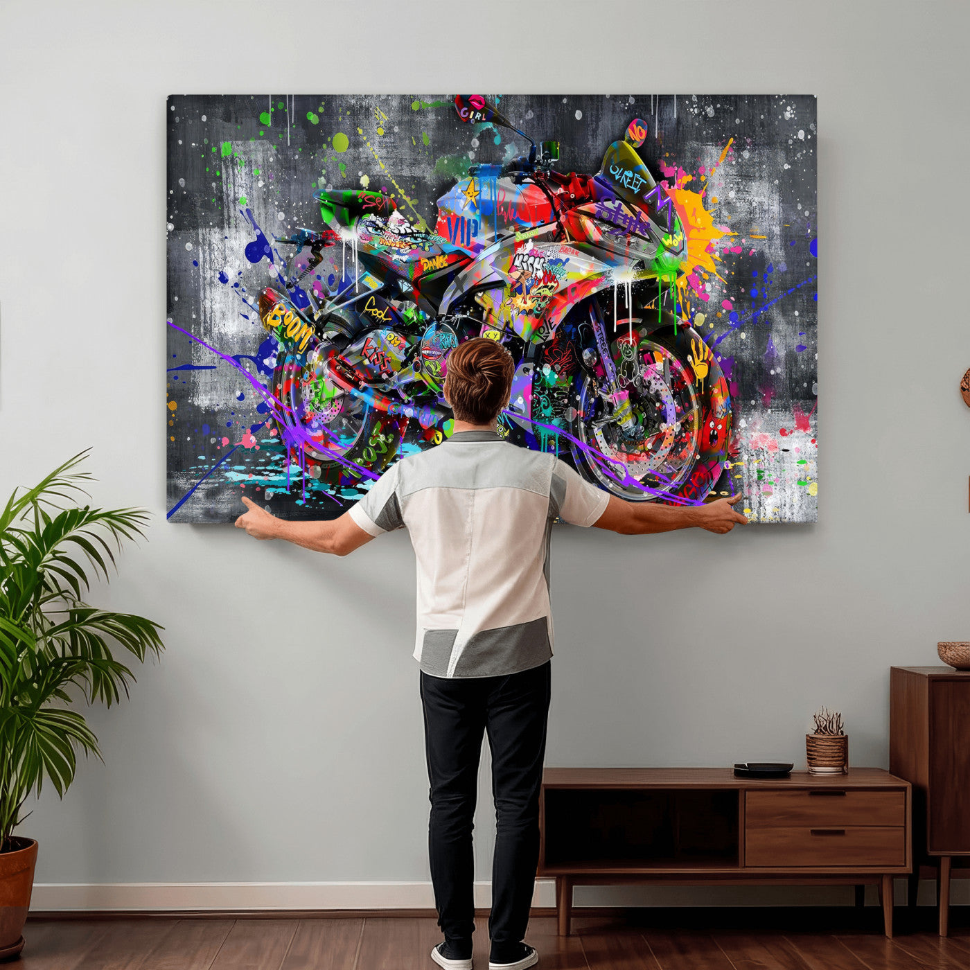 83021767-MGV-CV-36X24 - Graffiti Motorcycle Wall Art Canvas Print, Urban Street Art Motorbike Decor, Colorful Graffiti Sports Bike Artwork
