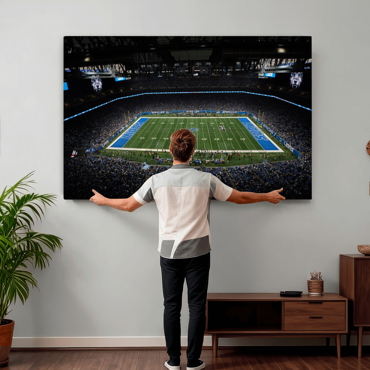 16709602-MGV-CV-36X24 - Detroit Lions Stadium Wall Art Canvas Print, Football Field Panorama Artwork, NFL Game Night Stadium Decor