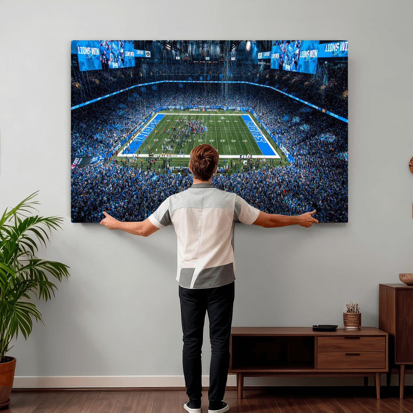 80882005-MGV-CV-36X24 - Detroit Lions Stadium Wall Art Canvas Print, Football Field Panorama Artwork, NFL Game Night Stadium Decor