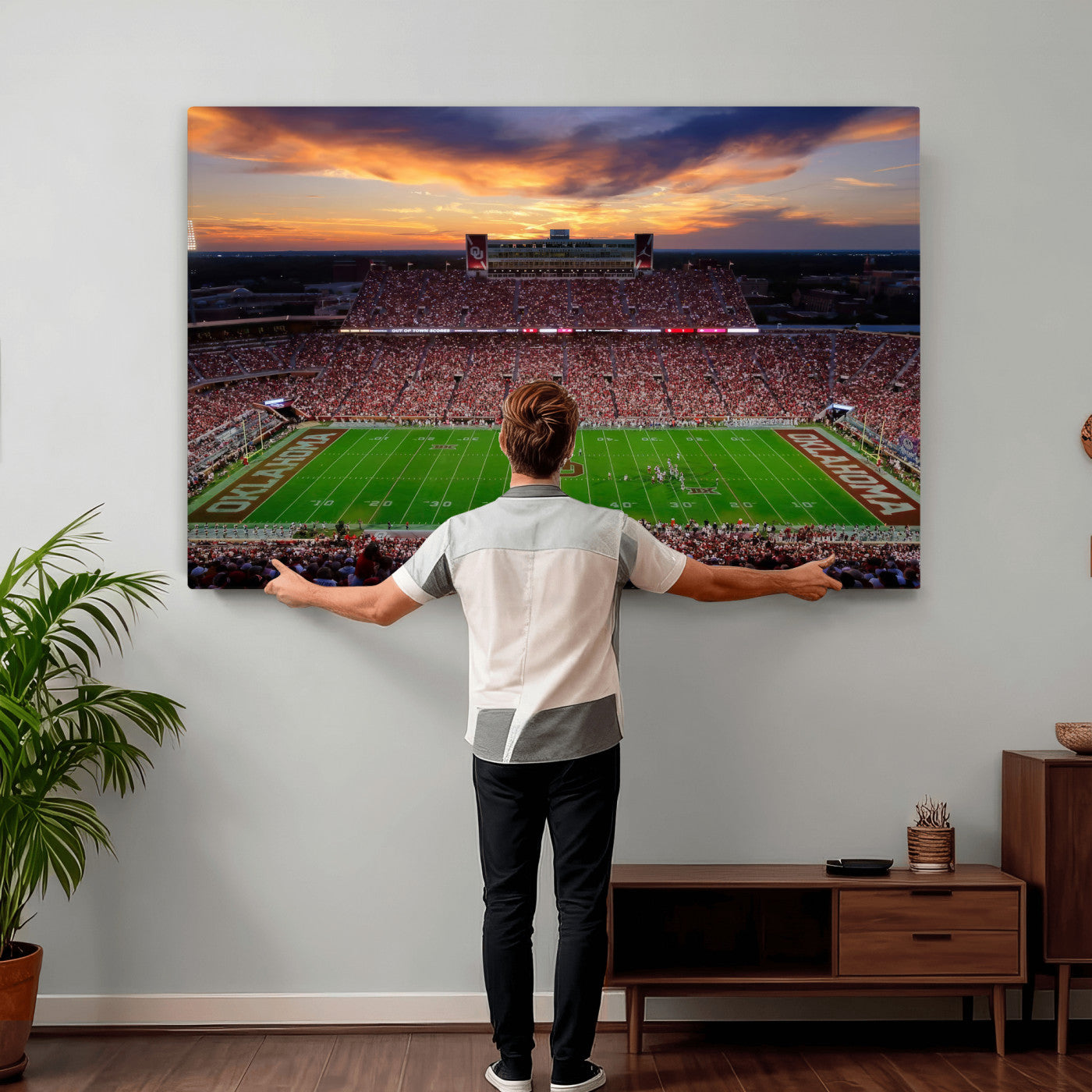 51457497-MGV-CV-36X24 - Oklahoma Sooners Stadium Wall Art Canvas Print, College Football Sunset Game Scene, OU Football Field Panorama Wall Decor