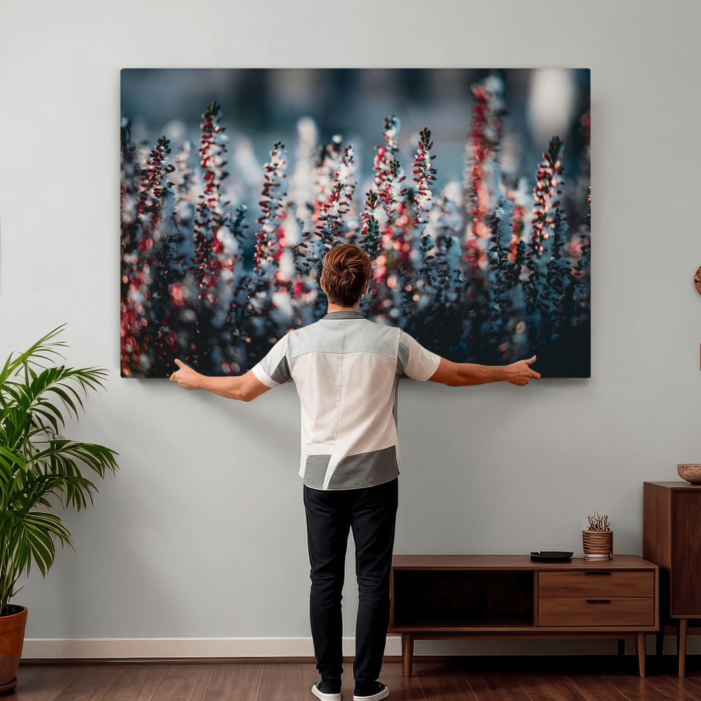 82063935-MGV-CV-36X24 - Winter Heather Wall Art Canvas Print, Frosted Floral Nature Art, Moody Botanical Wall Decor