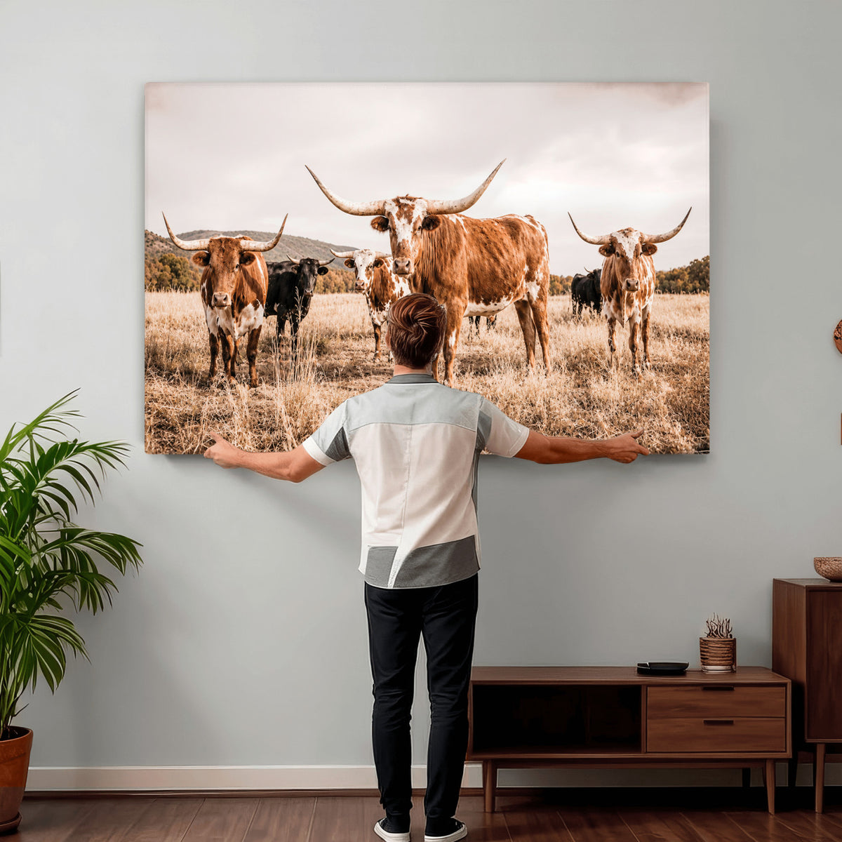 27539727-MGV-CV-36X24 - Texas Longhorn Cattle Wall Art Canvas Print, Sepia Western Decor