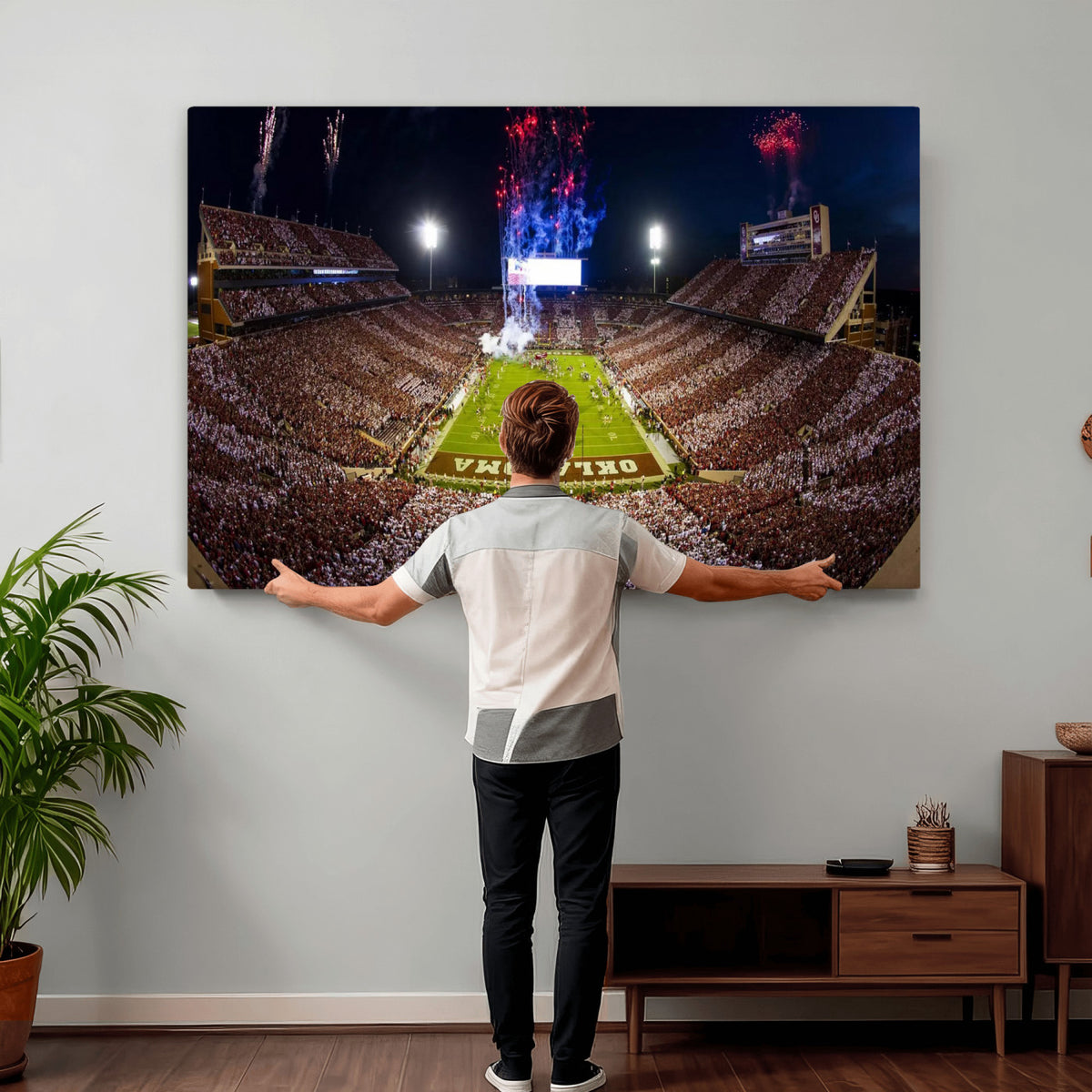 43197777-MGV-CV-36X24 - Oklahoma Memorial Stadium Wall Art Canvas Print – Oklahoma Sooners Football Artwork for Home, Office, and Sports Room Decor