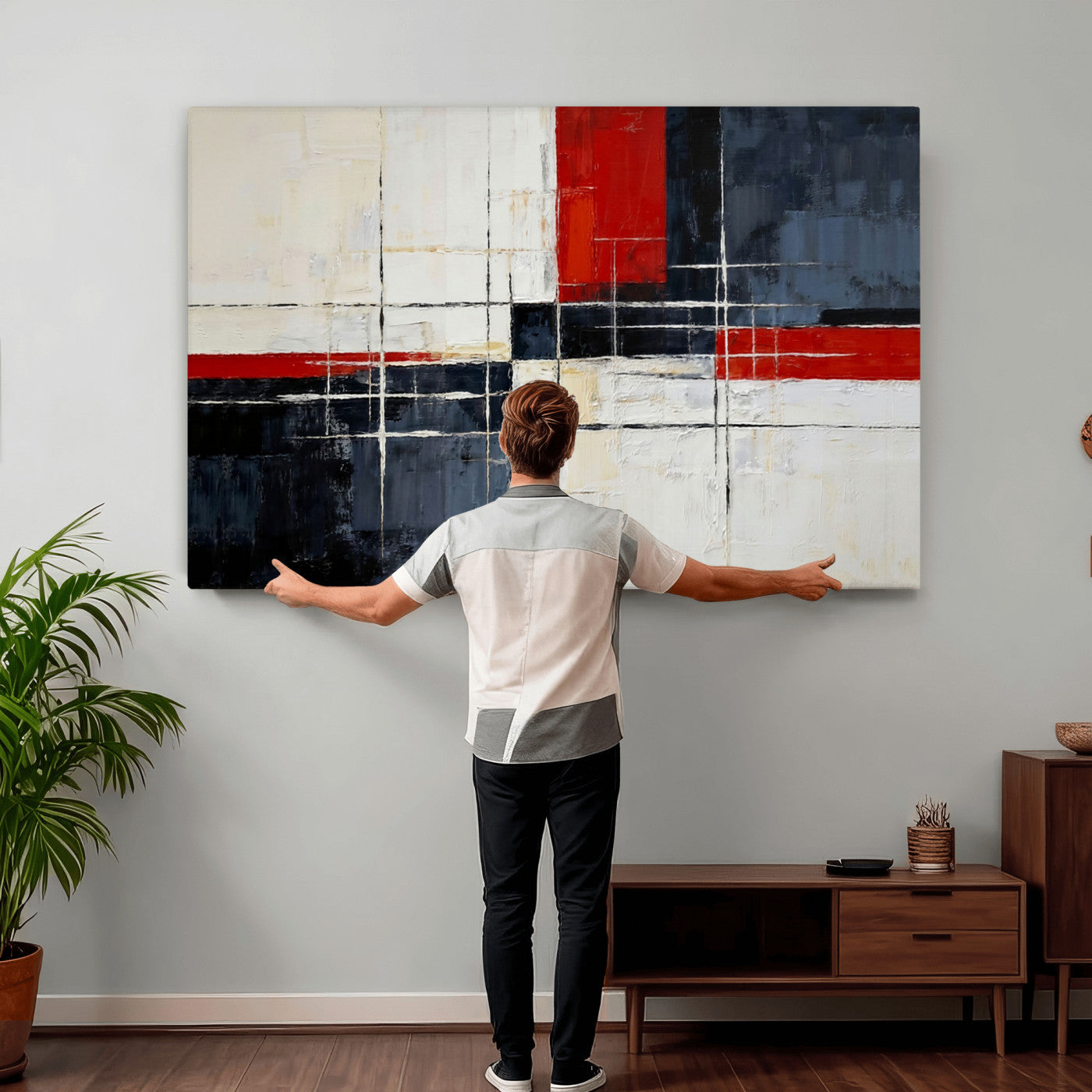 44088165-MGV-CV-36X24 - Navy Red Abstract Wall Art Canvas Print, Modern Luxury Geometric Painting Wall Decor for Living Room and Office